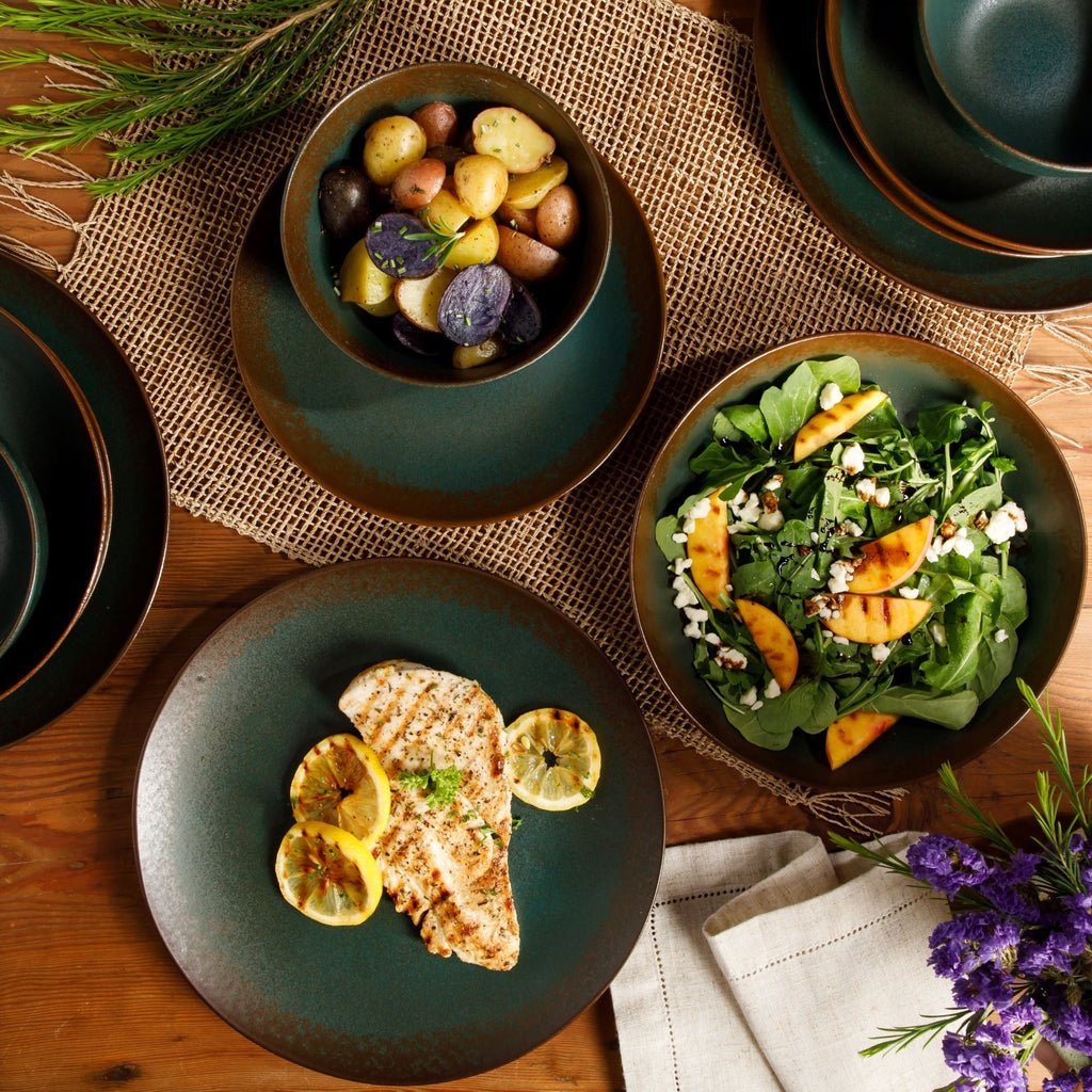 Bloomhouse Palermo Sun 16-teiliges Geschirrset aus Steingut mit reaktiver Glasur, bestehend aus Tellern und Schüsseln mit Doppelschüssel