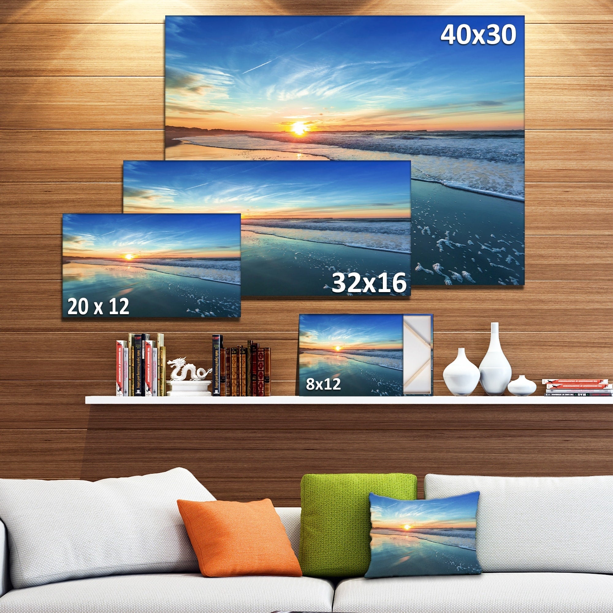 Blaue Küste mit fernem Sonnenuntergang - Meereslandschaft auf Leinwand