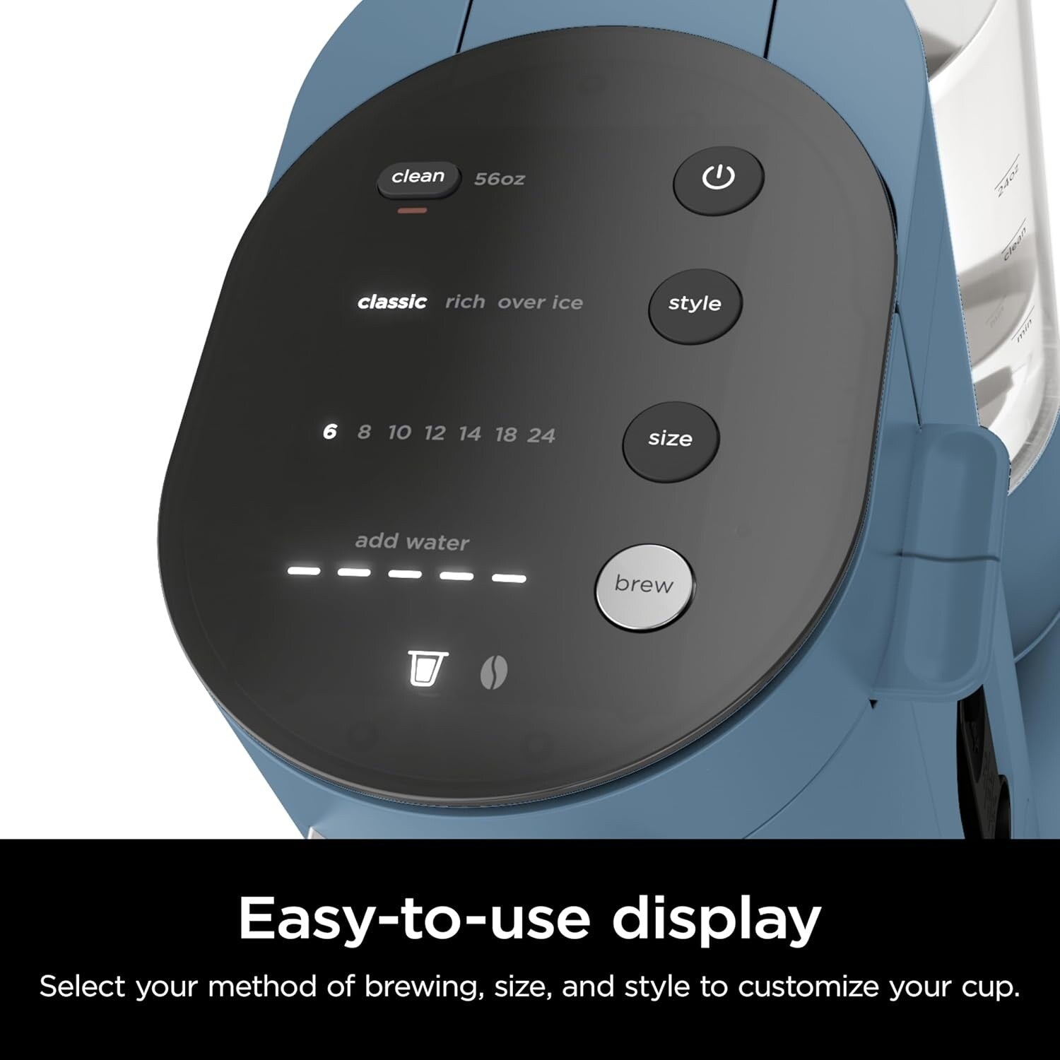 Blaue Kaffeemaschine für Einzelportionen, K-Cup-kompatibel, 1,6-Liter-Wassertank, 177-710 ml Brühgrößen, kompakt