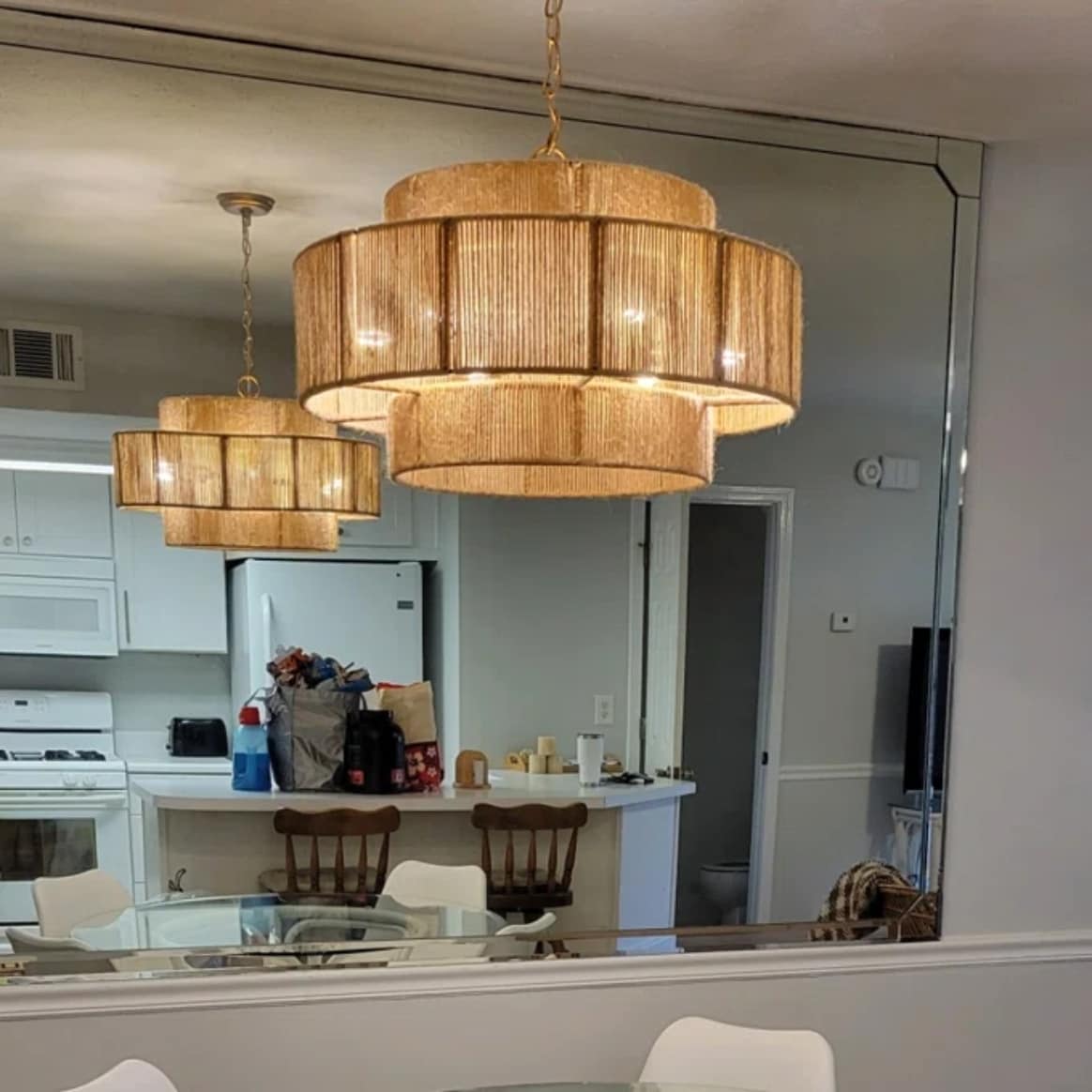 Boho-Kronleuchter aus braunem Hanfseil, mehrreihig, Trommelform – 23,62 cm B x 15,16 cm H