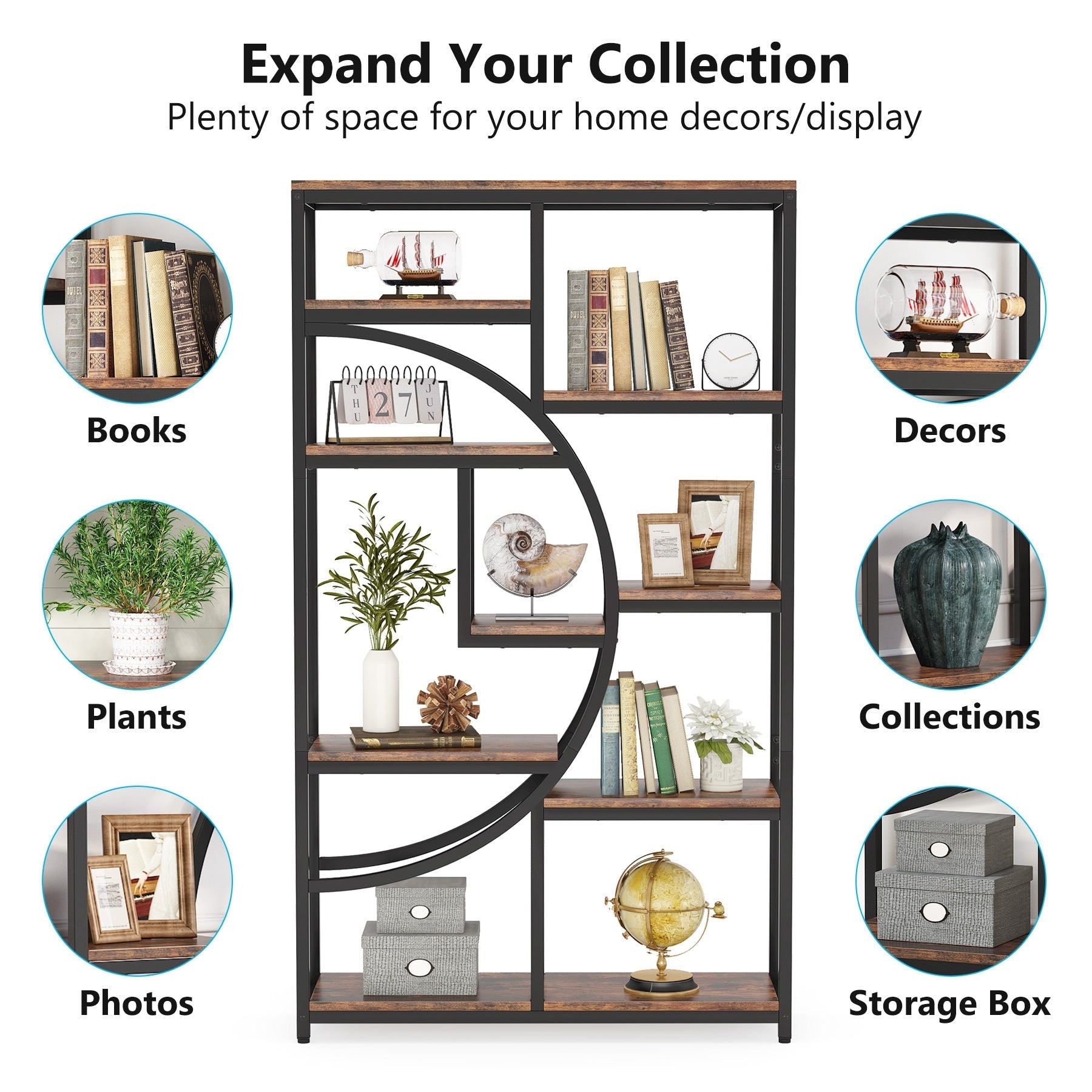 Industrielles Etagere-Bücherregal mit 5 Ablagen für Schlafzimmer, Wohnzimmer, Homeoffice