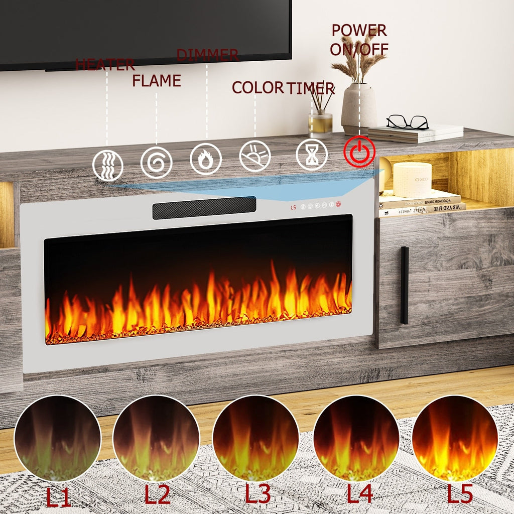 Bossin 70 TV-Ständer mit integriertem Kamin (36 Zoll), geeignet für Fernseher bis zu 80 Zoll, 16-farbige LED-Beleuchtung/Entertainment-Center