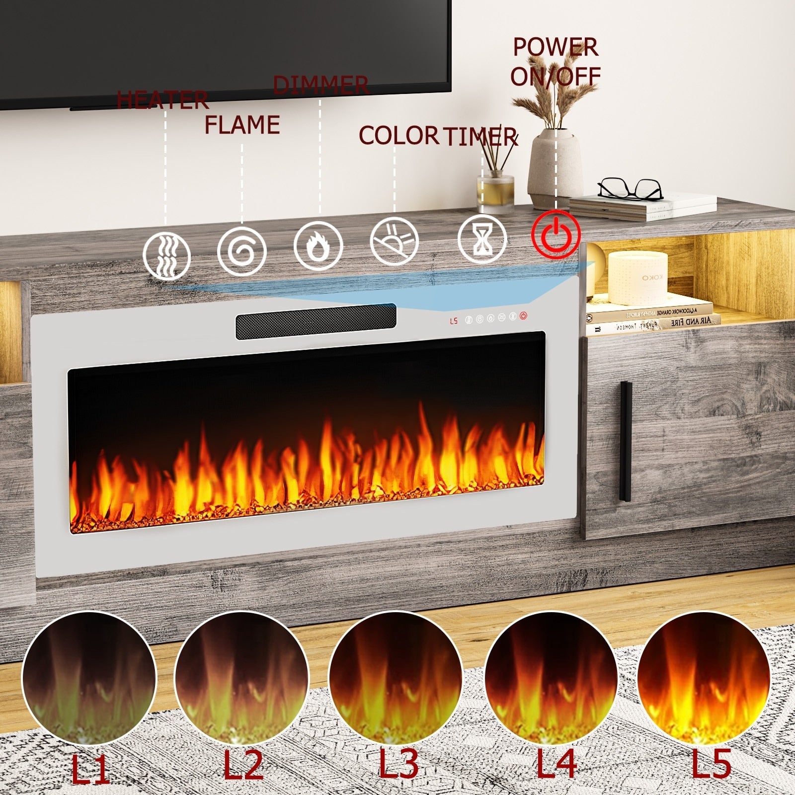 Bossin 70 TV-Ständer mit integriertem Kamin (36 Zoll), geeignet für Fernseher bis zu 80 Zoll, 16-farbige LED-Beleuchtung/Entertainment-Center