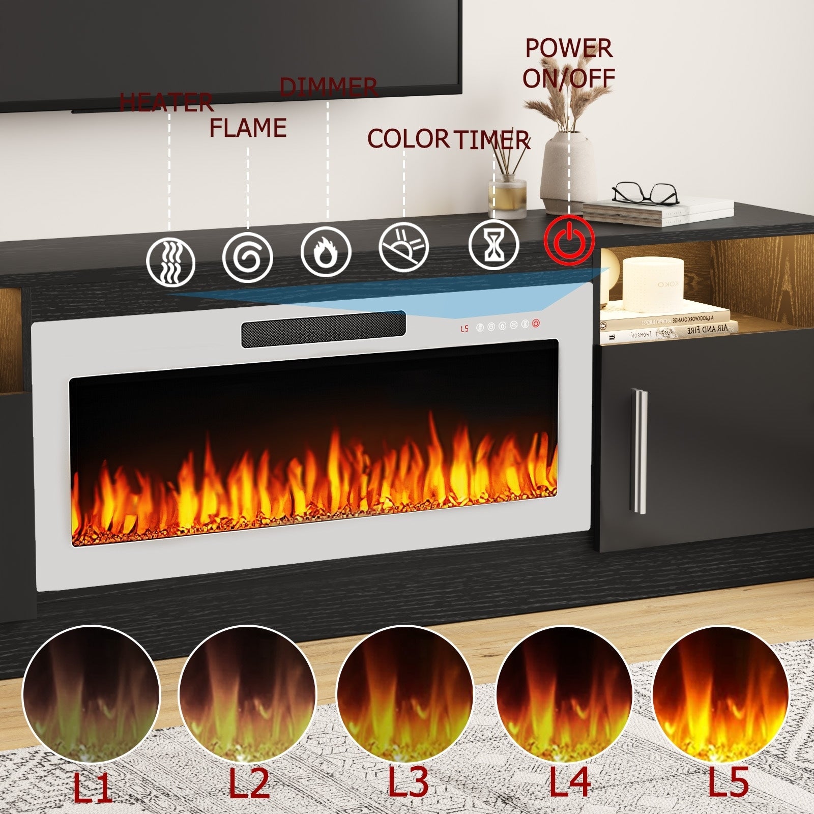 Bossin 70 TV-Ständer mit integriertem Kamin (36 Zoll), geeignet für Fernseher bis zu 80 Zoll, 16-farbige LED-Beleuchtung/Entertainment-Center