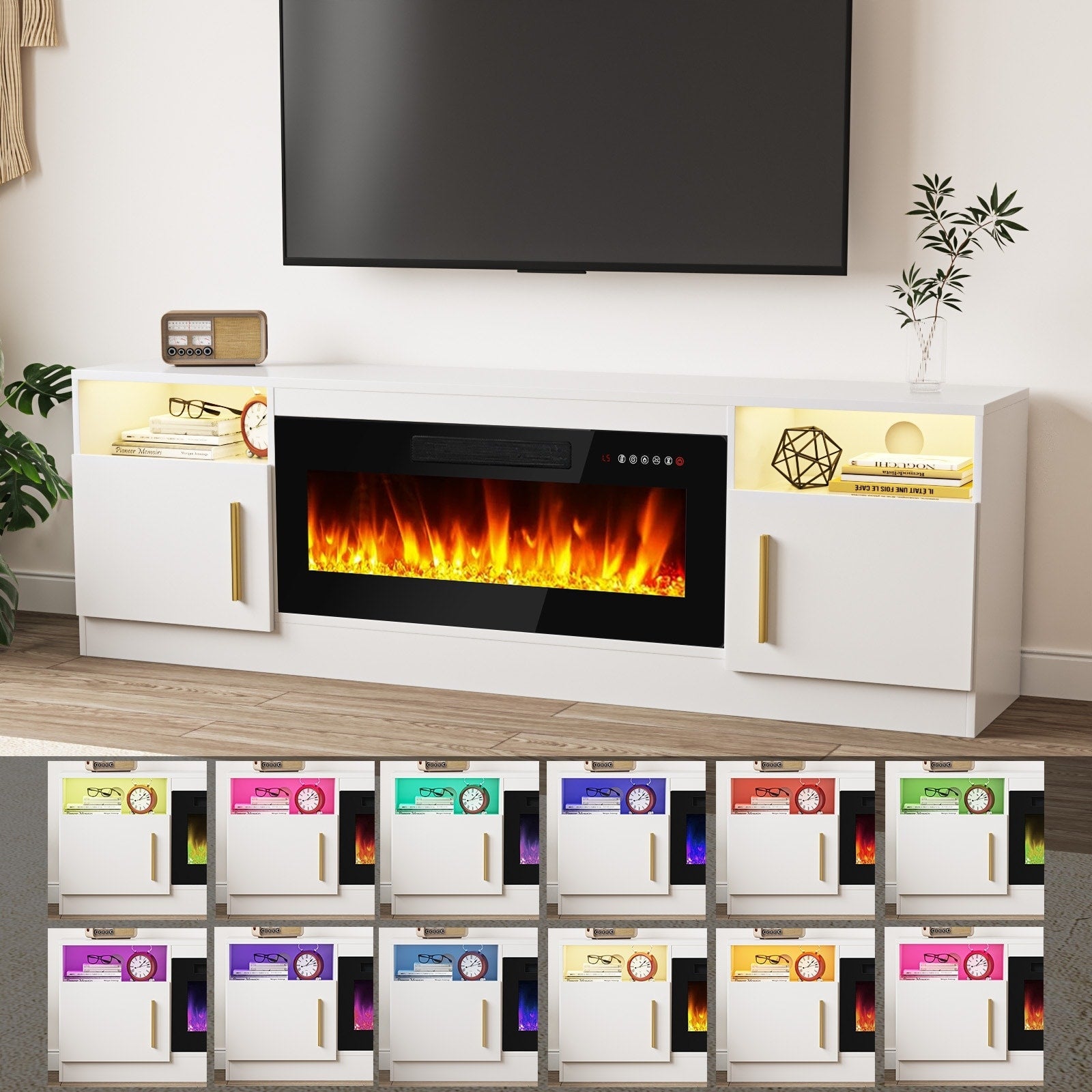 Bossin 70 TV-Ständer mit integriertem Kamin (36 Zoll), geeignet für Fernseher bis zu 80 Zoll, 16-farbige LED-Beleuchtung/Entertainment-Center