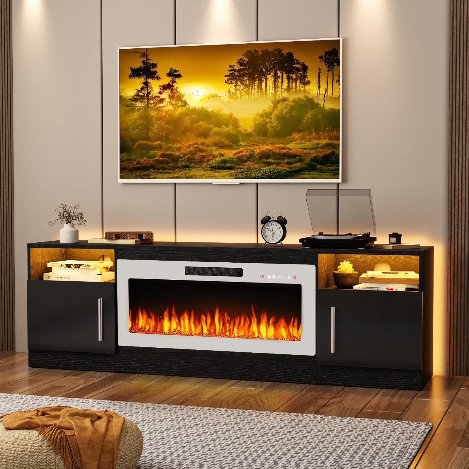 Bossin 70 TV-Ständer mit integriertem Kamin (36 Zoll), geeignet für Fernseher bis zu 80 Zoll, 16-farbige LED-Beleuchtung/Entertainment-Center