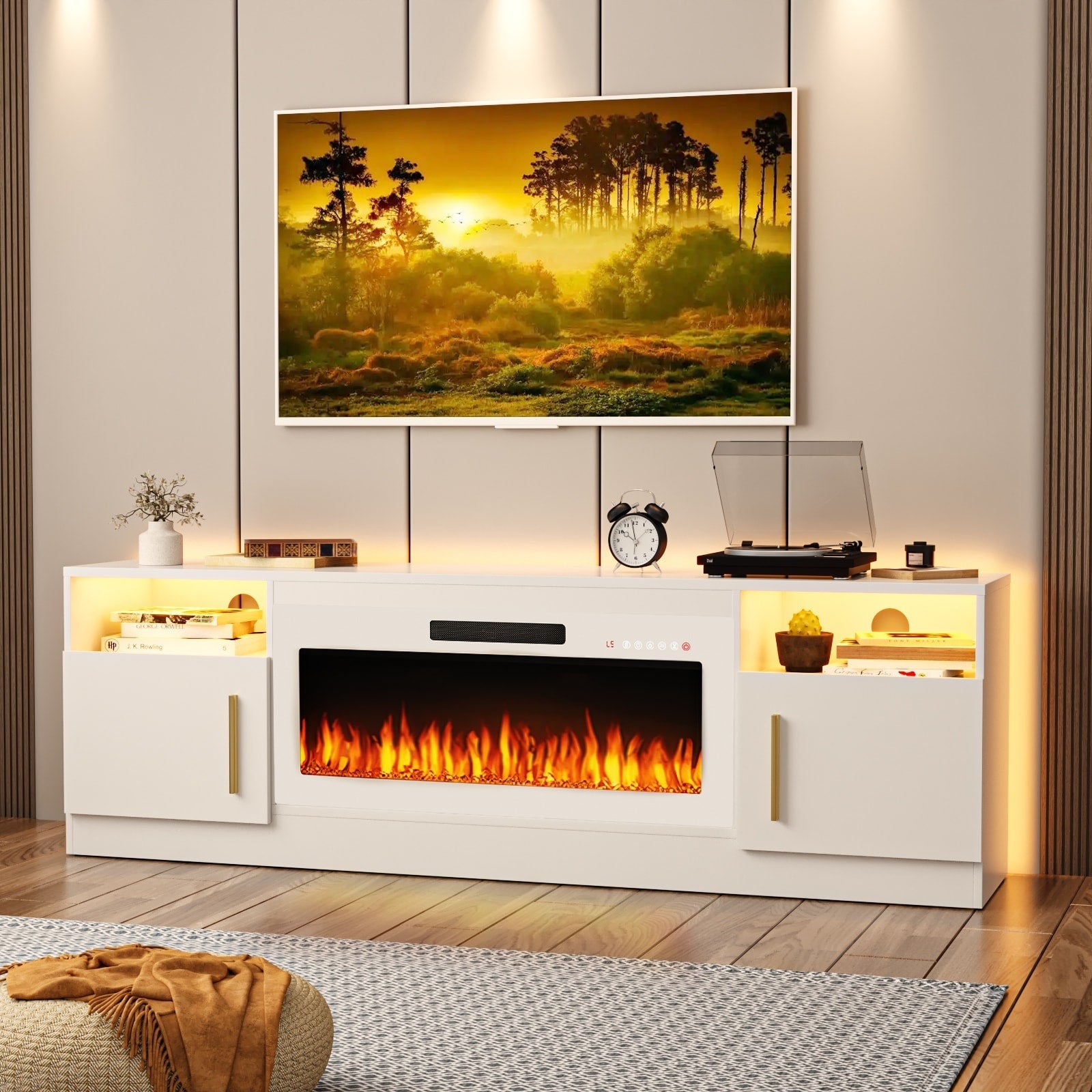 Bossin 70 TV-Ständer mit integriertem Kamin (36 Zoll), geeignet für Fernseher bis zu 80 Zoll, 16-farbige LED-Beleuchtung/Entertainment-Center