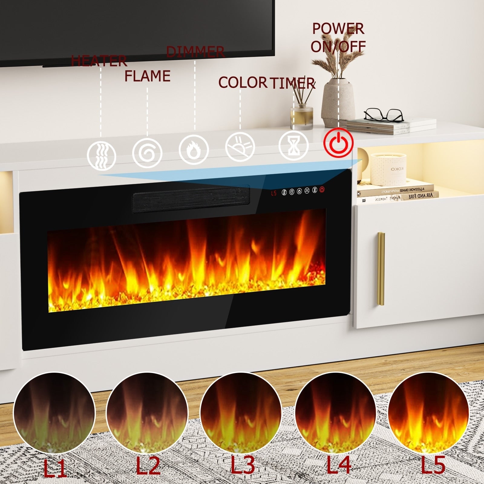 Bossin 70 TV-Ständer mit integriertem Kamin (36 Zoll), geeignet für Fernseher bis zu 80 Zoll, 16-farbige LED-Beleuchtung/Entertainment-Center