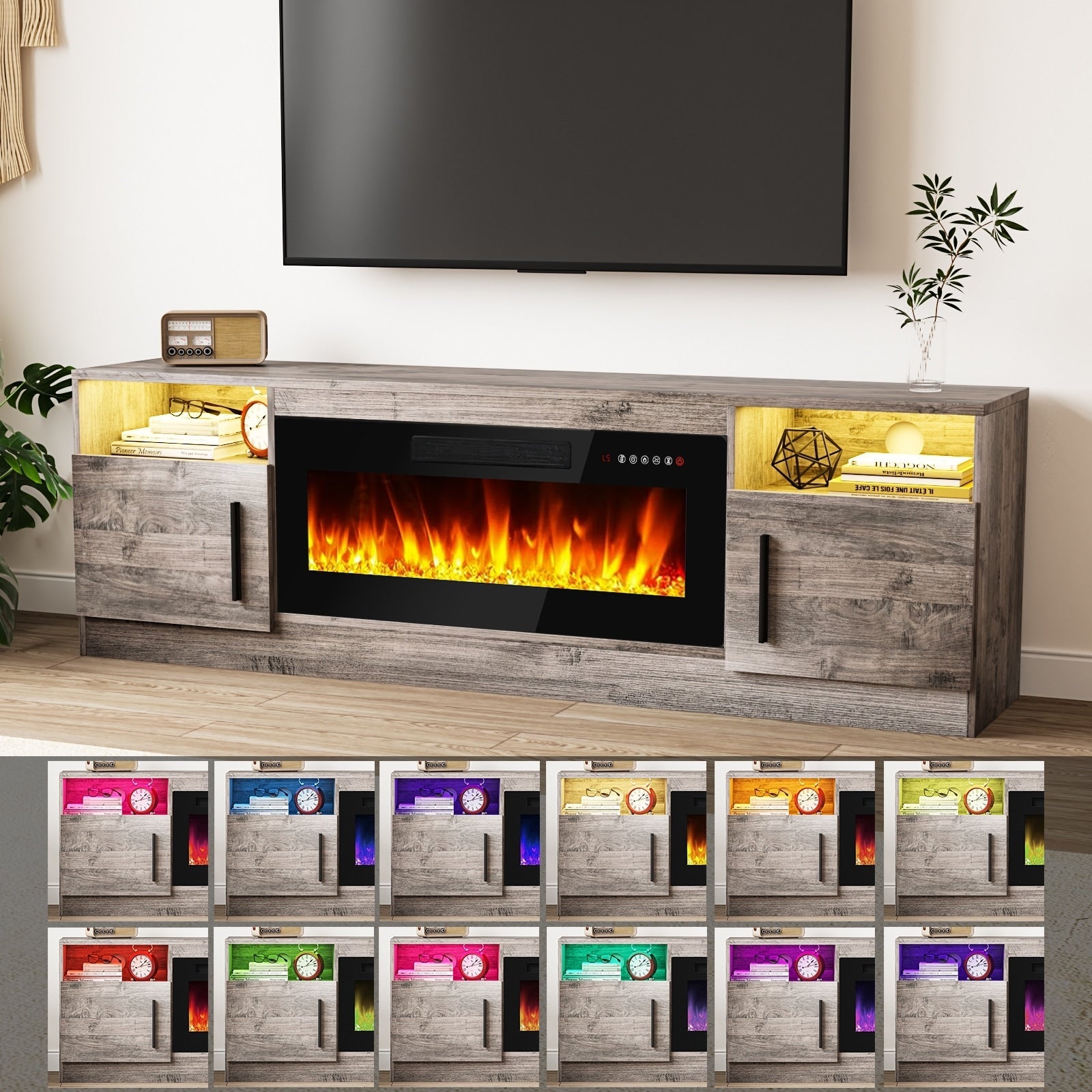 Bossin 70 TV-Ständer mit integriertem Kamin (36 Zoll), geeignet für Fernseher bis zu 80 Zoll, 16-farbige LED-Beleuchtung/Entertainment-Center