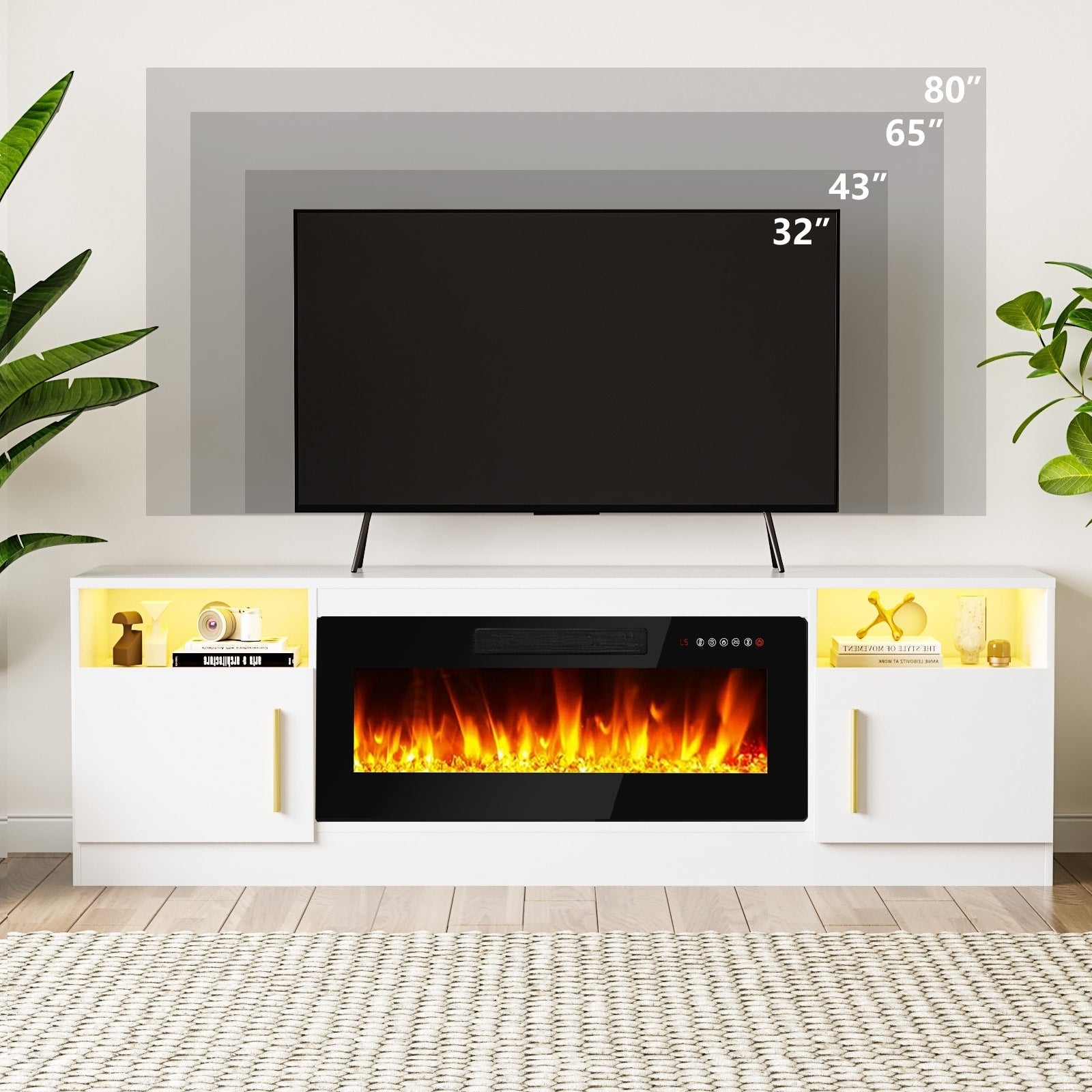 Bossin 70 TV-Ständer mit integriertem Kamin (36 Zoll), geeignet für Fernseher bis zu 80 Zoll, 16-farbige LED-Beleuchtung/Entertainment-Center