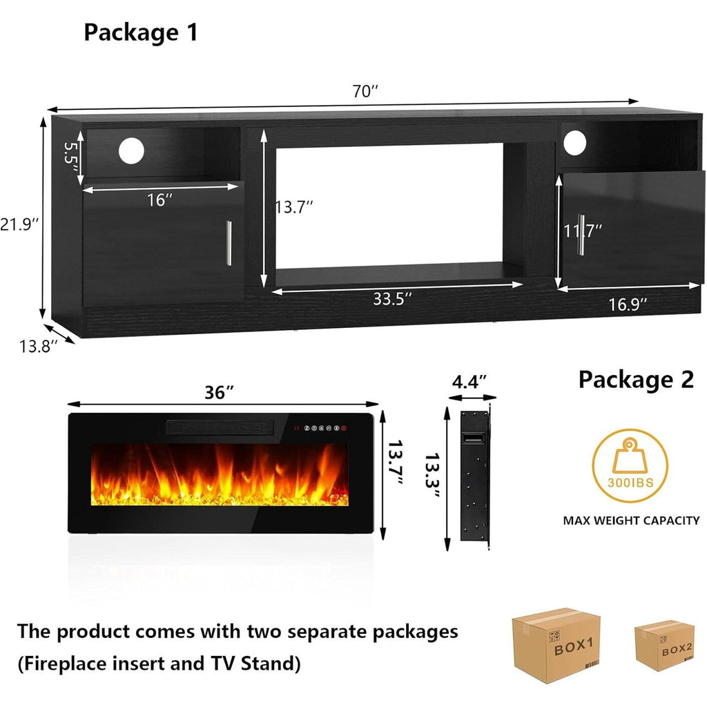 Bossin 70 TV-Ständer mit integriertem Kamin (36 Zoll), geeignet für Fernseher bis zu 80 Zoll, 16-farbige LED-Beleuchtung/Entertainment-Center