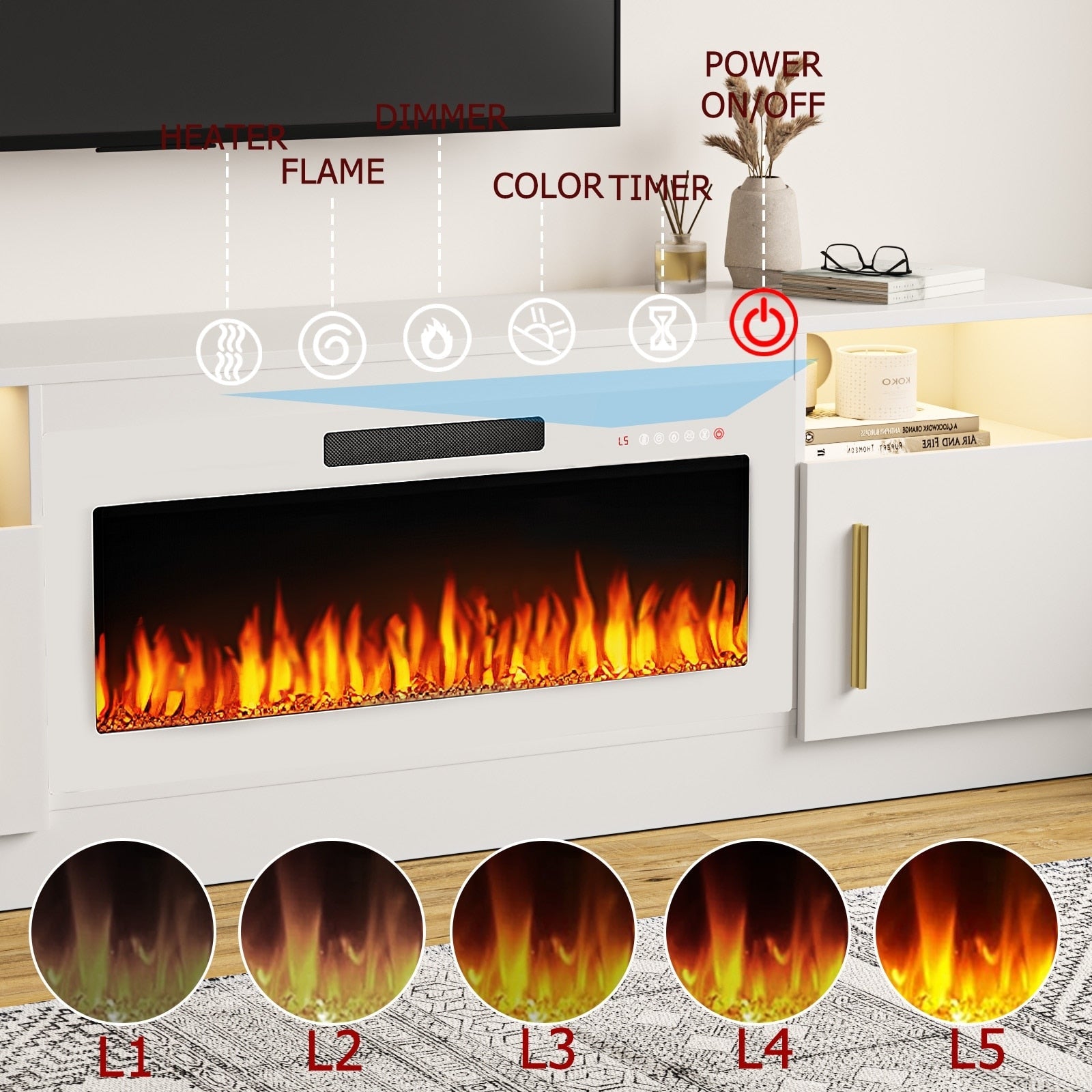 Bossin 70 TV-Ständer mit integriertem Kamin (36 Zoll), geeignet für Fernseher bis zu 80 Zoll, 16-farbige LED-Beleuchtung/Entertainment-Center