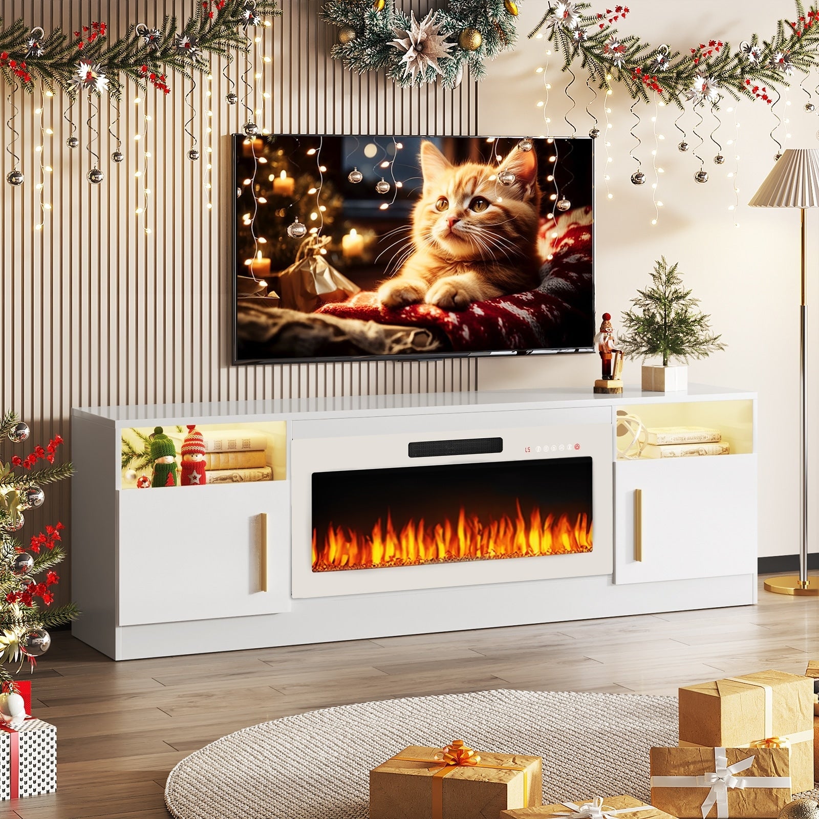 Bossin 70 TV-Ständer mit integriertem Kamin (36 Zoll), geeignet für Fernseher bis zu 80 Zoll, 16-farbige LED-Beleuchtung/Entertainment-Center