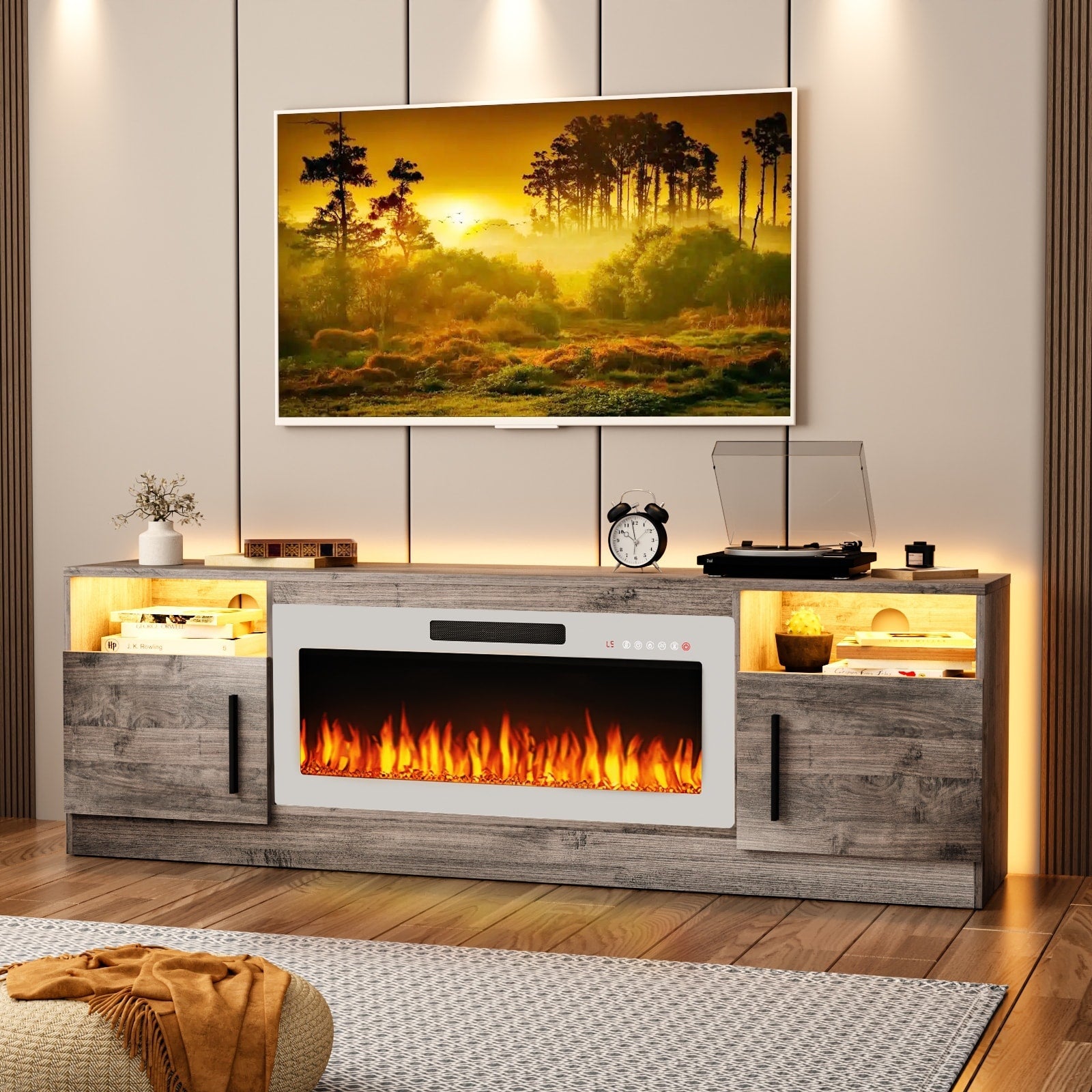 Bossin 70 TV-Ständer mit integriertem Kamin (36 Zoll), geeignet für Fernseher bis zu 80 Zoll, 16-farbige LED-Beleuchtung/Entertainment-Center