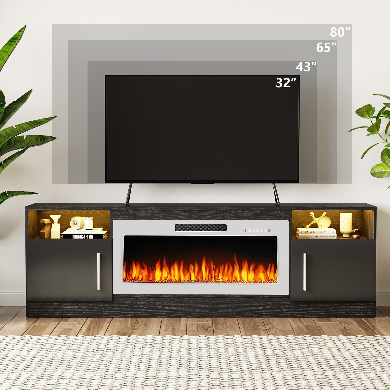 Bossin 70 TV-Ständer mit integriertem Kamin (36 Zoll), geeignet für Fernseher bis zu 80 Zoll, 16-farbige LED-Beleuchtung/Entertainment-Center