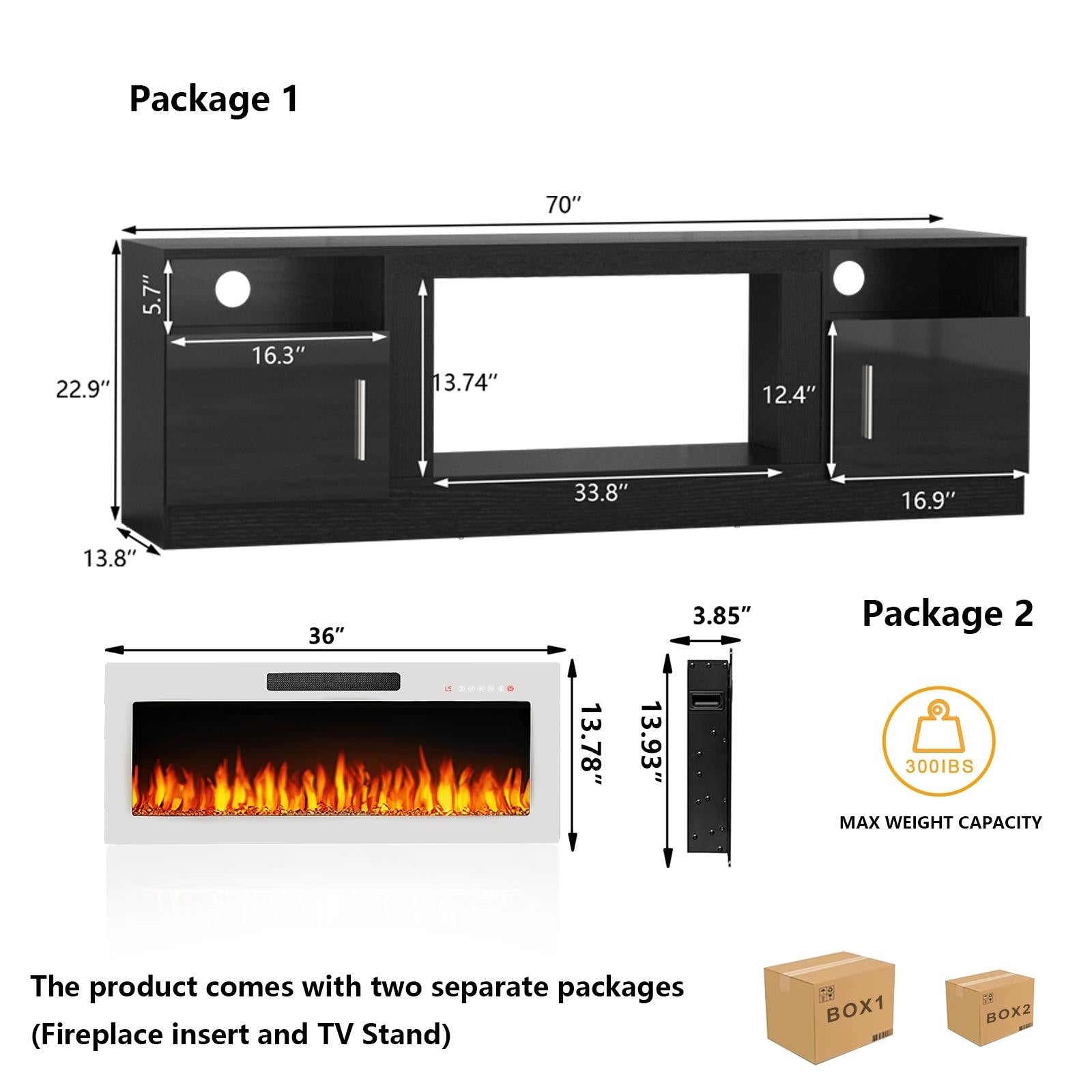 Bossin 70 TV-Ständer mit integriertem Kamin (36 Zoll), geeignet für Fernseher bis zu 80 Zoll, 16-farbige LED-Beleuchtung/Entertainment-Center