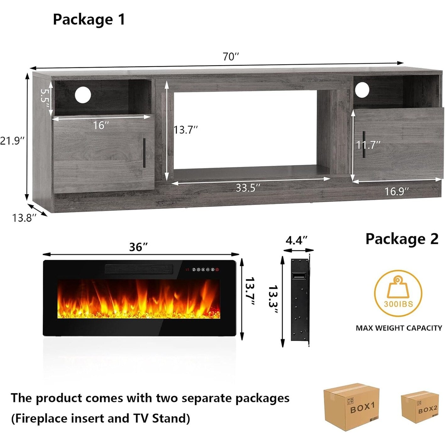 Bossin 70 TV-Ständer mit integriertem Kamin (36 Zoll), geeignet für Fernseher bis zu 80 Zoll, 16-farbige LED-Beleuchtung/Entertainment-Center
