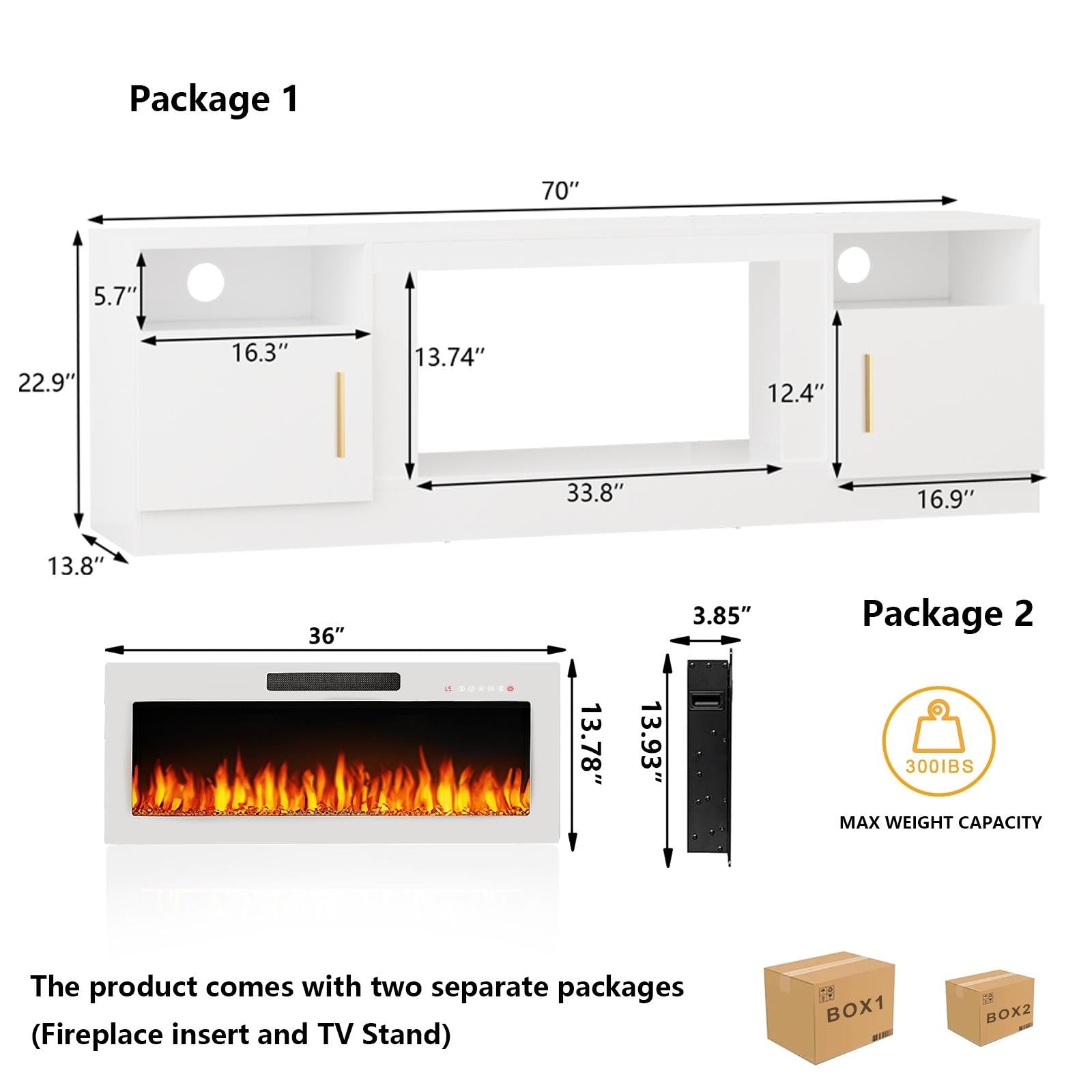 Bossin 70 TV-Ständer mit integriertem Kamin (36 Zoll), geeignet für Fernseher bis zu 80 Zoll, 16-farbige LED-Beleuchtung/Entertainment-Center