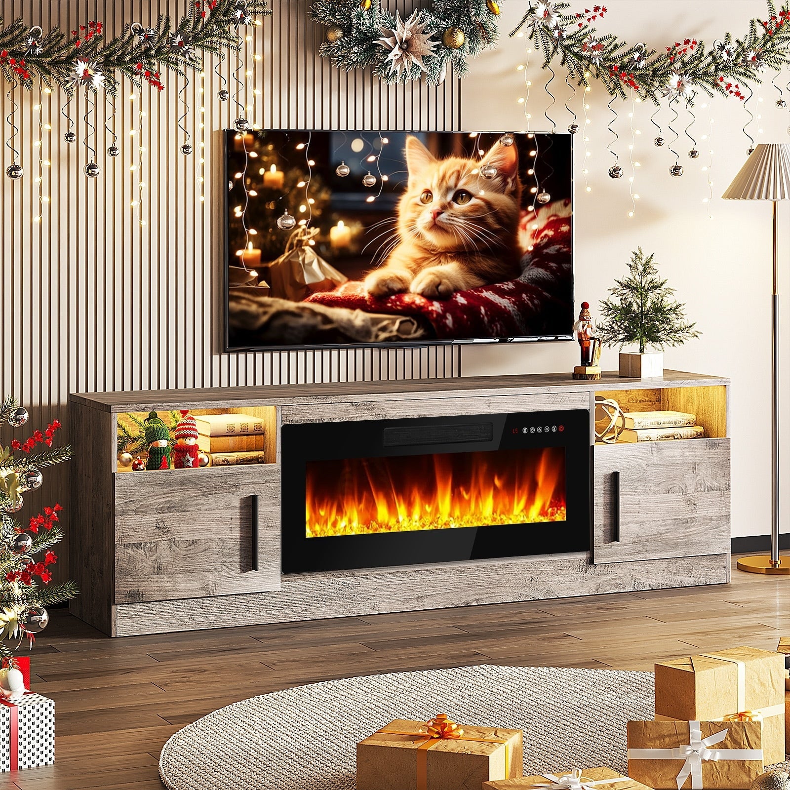 Bossin 70 TV-Ständer mit integriertem Kamin (36 Zoll), geeignet für Fernseher bis zu 80 Zoll, 16-farbige LED-Beleuchtung/Entertainment-Center