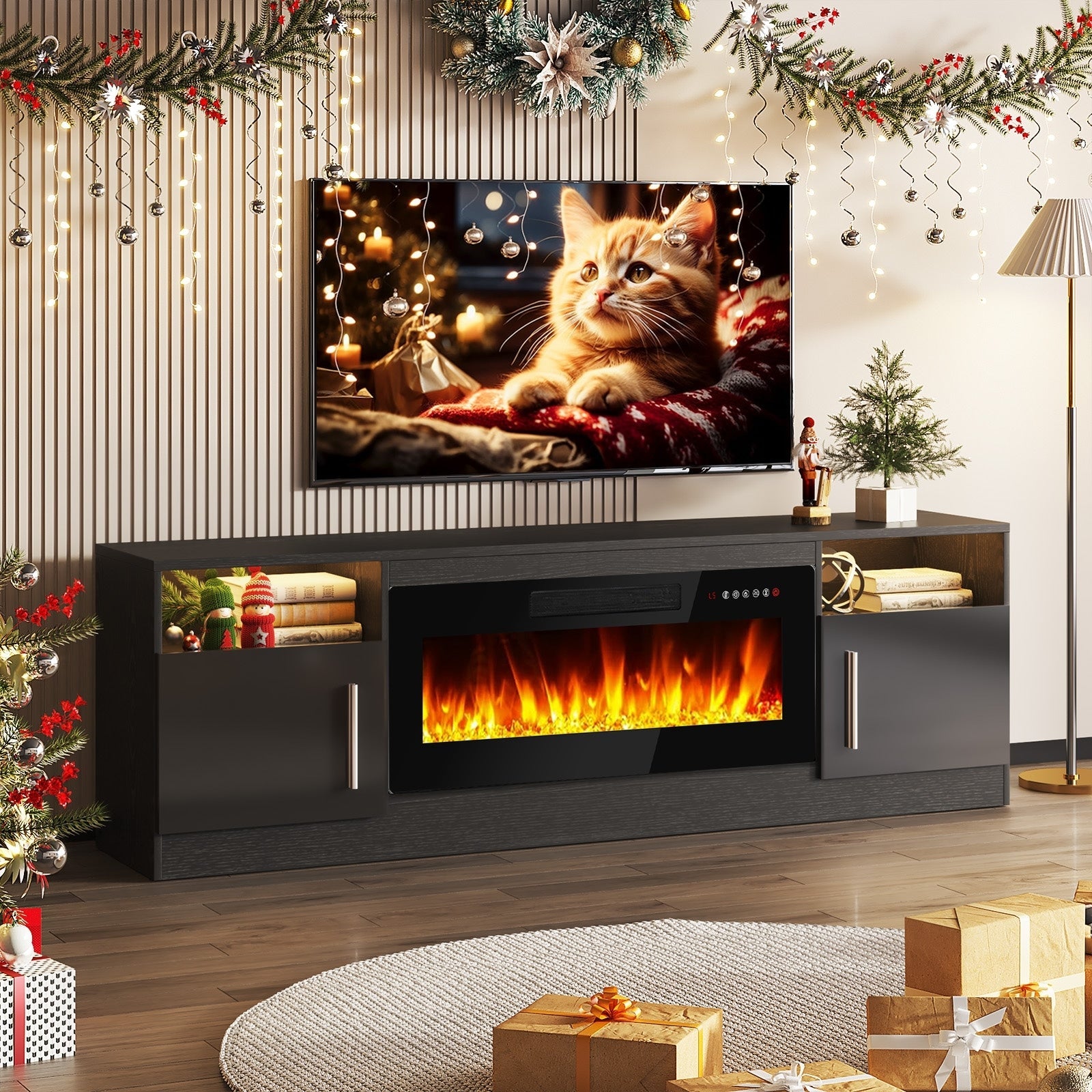 Bossin 70 TV-Ständer mit integriertem Kamin (36 Zoll), geeignet für Fernseher bis zu 80 Zoll, 16-farbige LED-Beleuchtung/Entertainment-Center