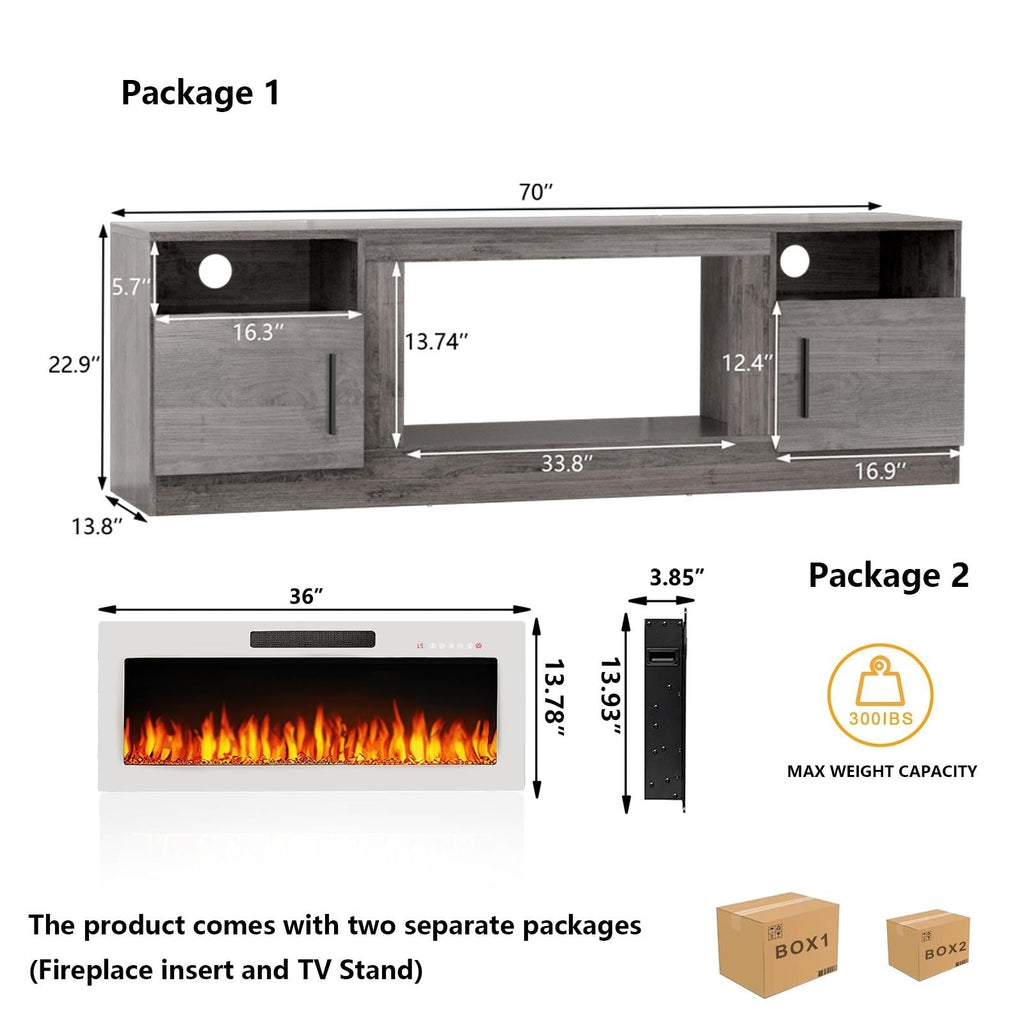 Bossin 70 TV-Ständer mit integriertem Kamin (36 Zoll), geeignet für Fernseher bis zu 80 Zoll, 16-farbige LED-Beleuchtung/Entertainment-Center