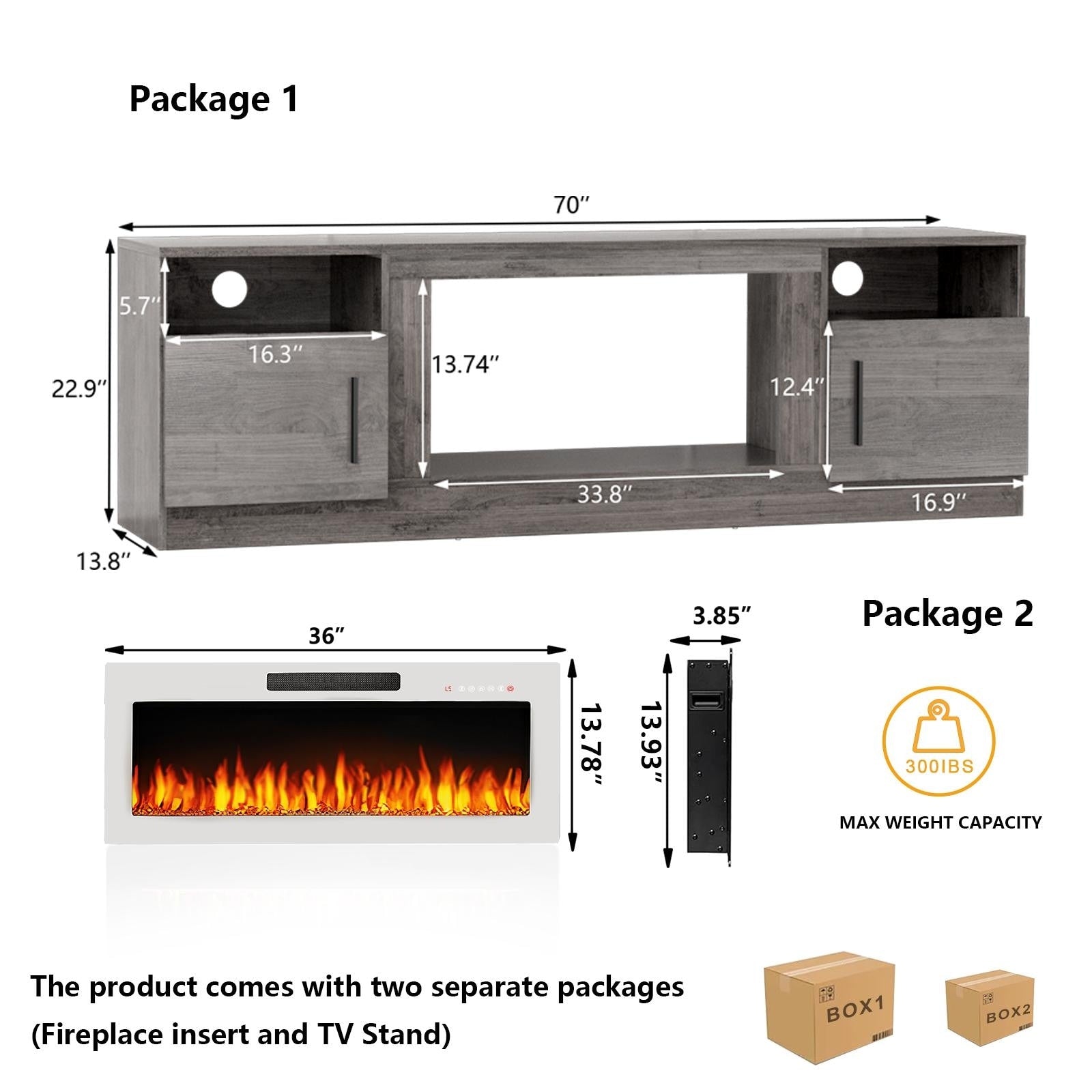 Bossin 70 TV-Ständer mit integriertem Kamin (36 Zoll), geeignet für Fernseher bis zu 80 Zoll, 16-farbige LED-Beleuchtung/Entertainment-Center