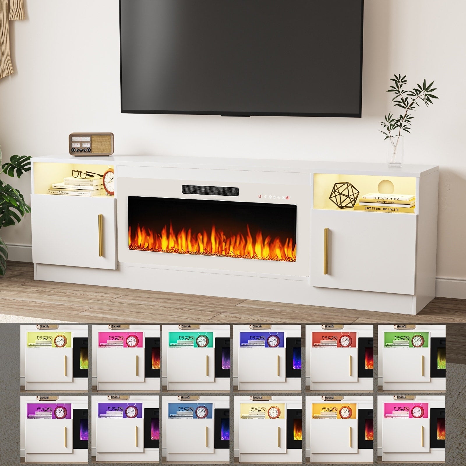 Bossin 70 TV-Ständer mit integriertem Kamin (36 Zoll), geeignet für Fernseher bis zu 80 Zoll, 16-farbige LED-Beleuchtung/Entertainment-Center