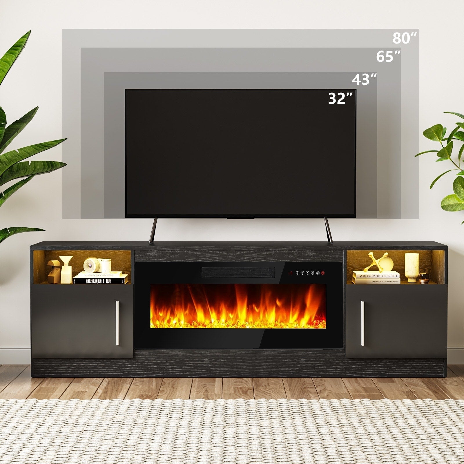 Bossin 70 TV-Ständer mit integriertem Kamin (36 Zoll), geeignet für Fernseher bis zu 80 Zoll, 16-farbige LED-Beleuchtung/Entertainment-Center