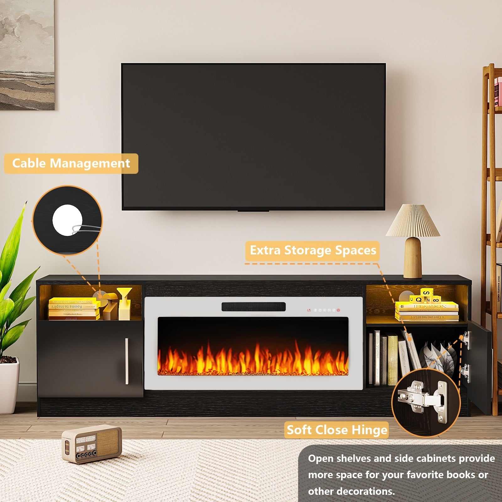 Bossin 70 TV-Ständer mit integriertem Kamin (36 Zoll), geeignet für Fernseher bis zu 80 Zoll, 16-farbige LED-Beleuchtung/Entertainment-Center