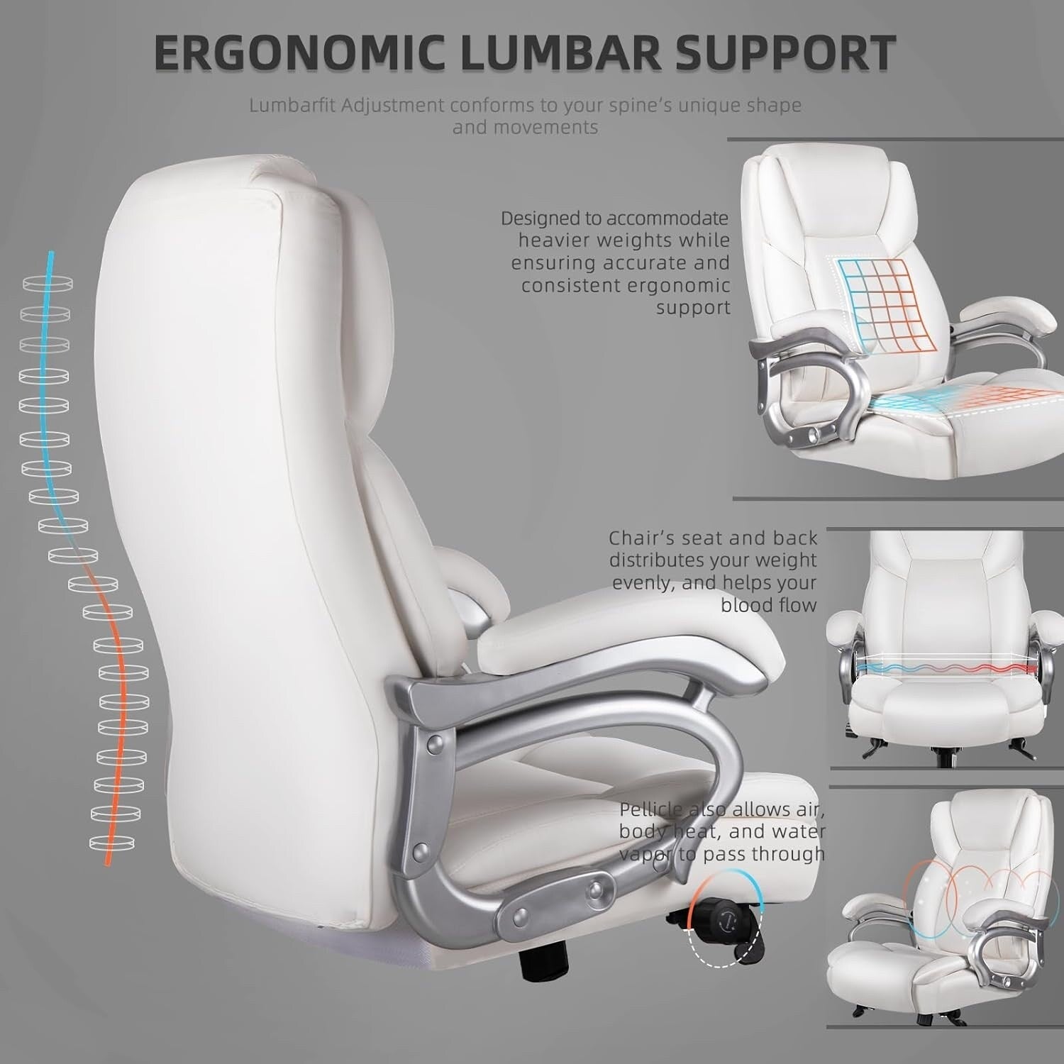 Bossin Bürostuhl für große und schwere Personen, 500 lbs (ca. 227 kg) Belastbarkeit, verstellbare Lendenwirbelstütze, ergonomischer Stuhl mit hoher Rückenlehne und PU-Lederbezug, Computer