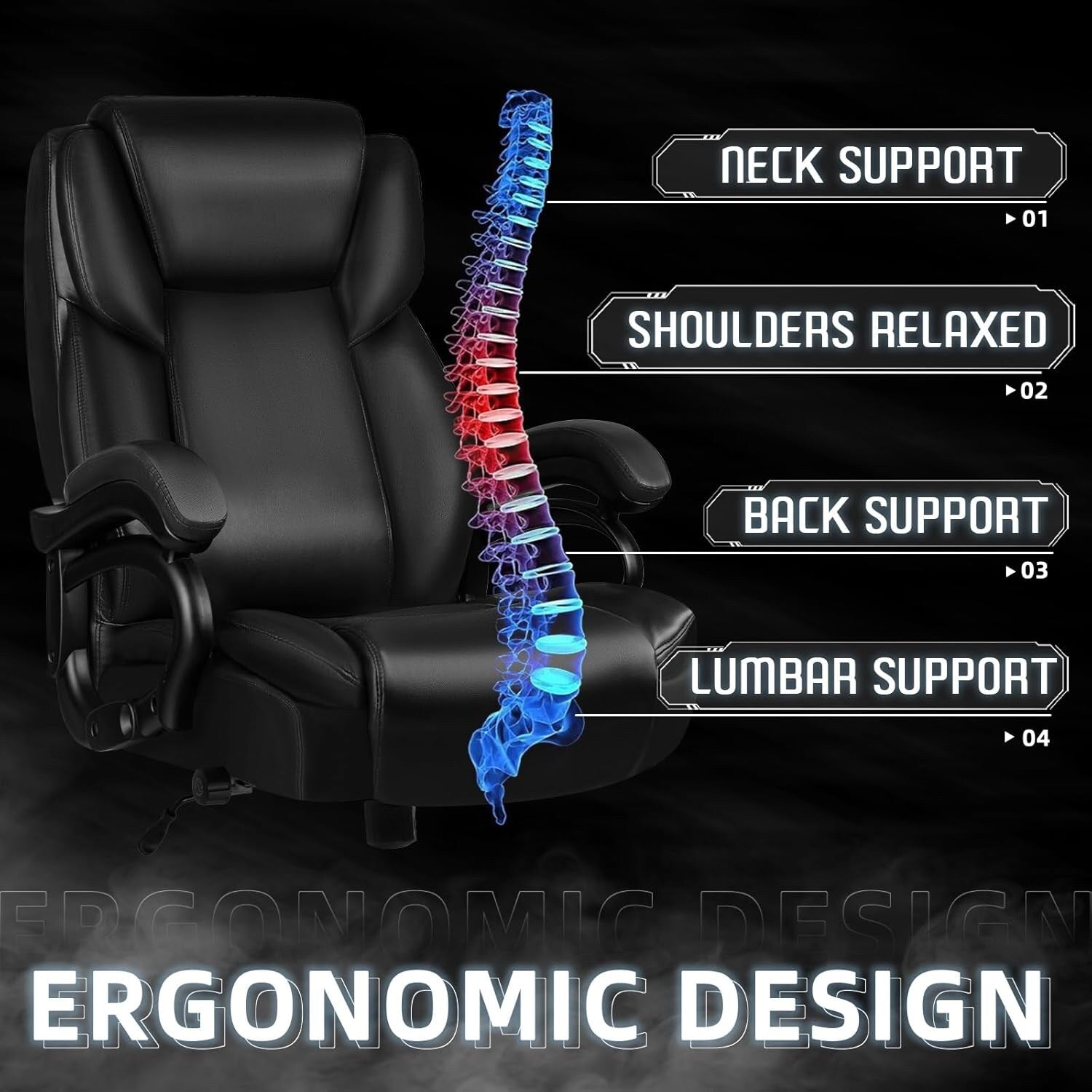 Bossin Bürostuhl für große und schwere Personen, 500 lbs (ca. 227 kg) Belastbarkeit, verstellbare Lendenwirbelstütze, ergonomischer Stuhl mit hoher Rückenlehne und PU-Lederbezug, Computer
