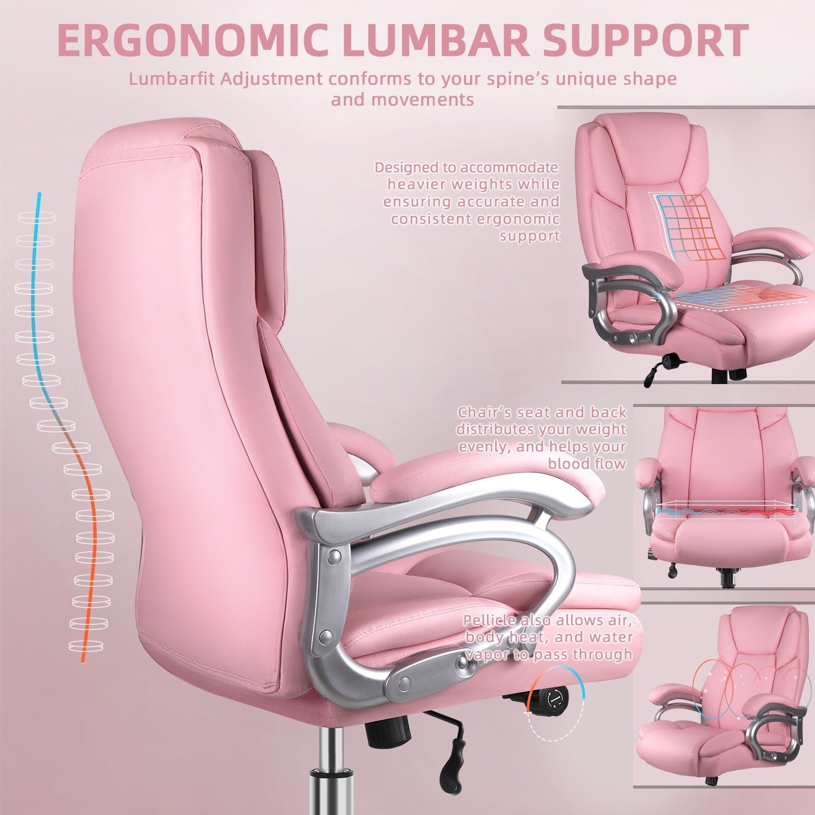 Bossin Bürostuhl für große und schwere Personen, 500 lbs (ca. 227 kg) Belastbarkeit, verstellbare Lendenwirbelstütze, ergonomischer Stuhl mit hoher Rückenlehne und PU-Lederbezug, Computer