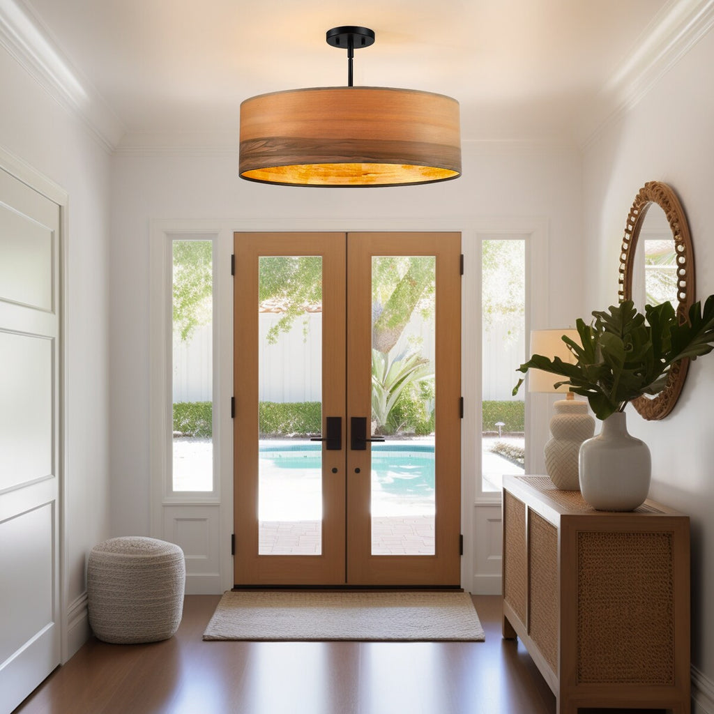 Breaux 4-flammiger Trommel-Kronleuchter aus Holzfurnier mit schwarzem Baldachin – 56 cm breit