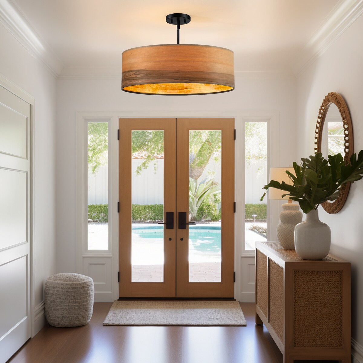 Breaux 4-flammiger Trommel-Kronleuchter aus Holzfurnier mit schwarzem Baldachin – 56 cm breit