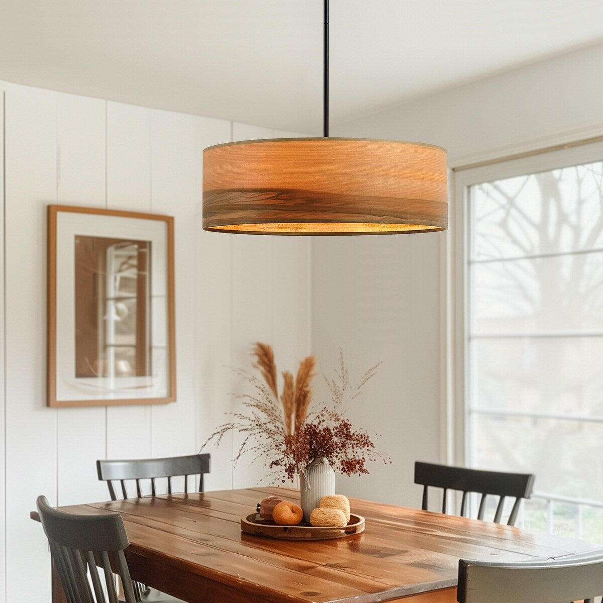 Breaux 4-flammiger Trommel-Kronleuchter aus Holzfurnier mit schwarzem Baldachin – 56 cm breit