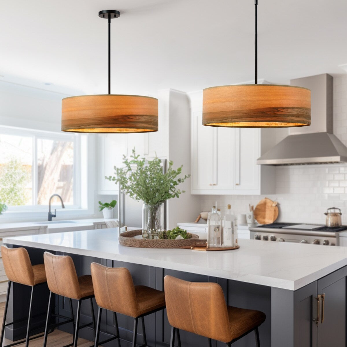 Breaux 4-flammiger Trommel-Kronleuchter aus Holzfurnier mit schwarzem Baldachin – 56 cm breit