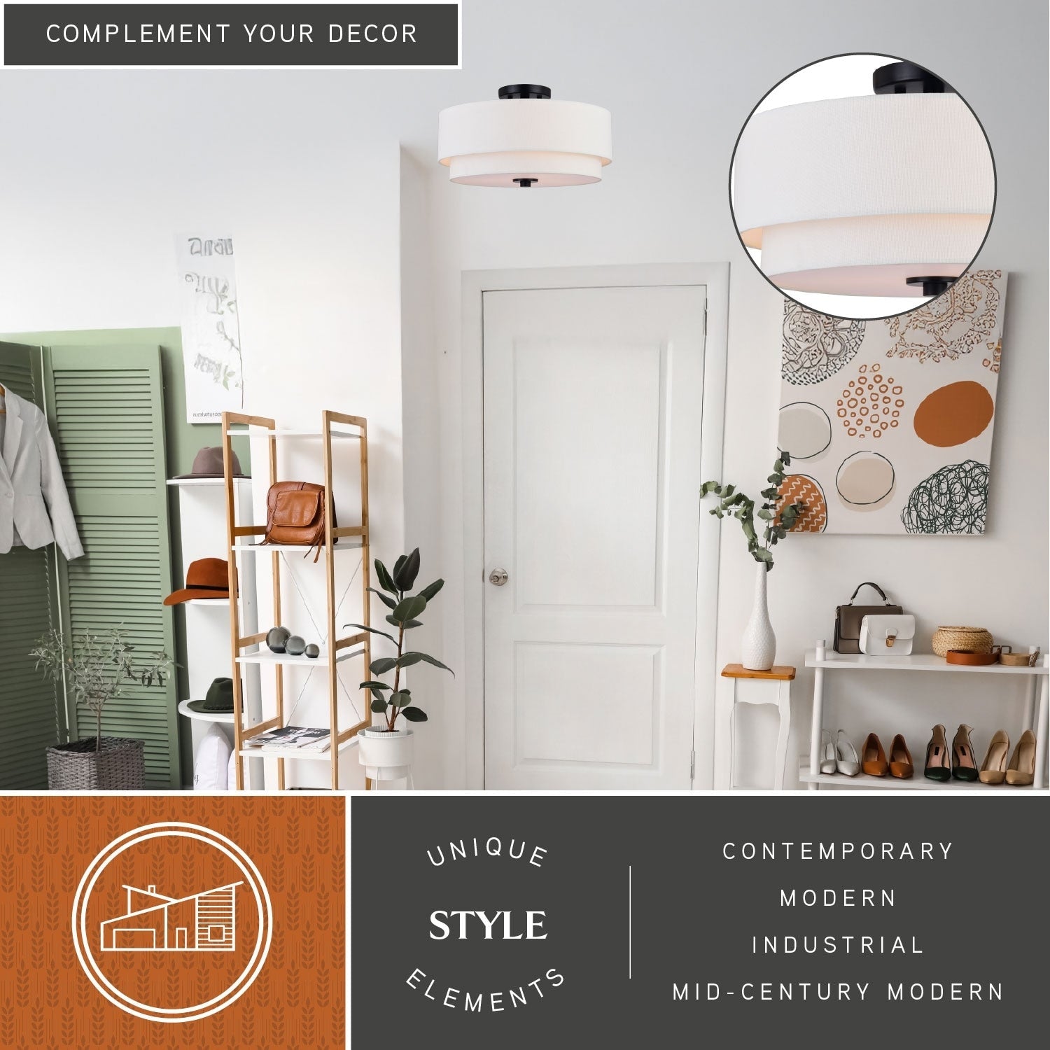 Burnaby Mid-Century Modern Deckenleuchte mit weißem Leinenschirm