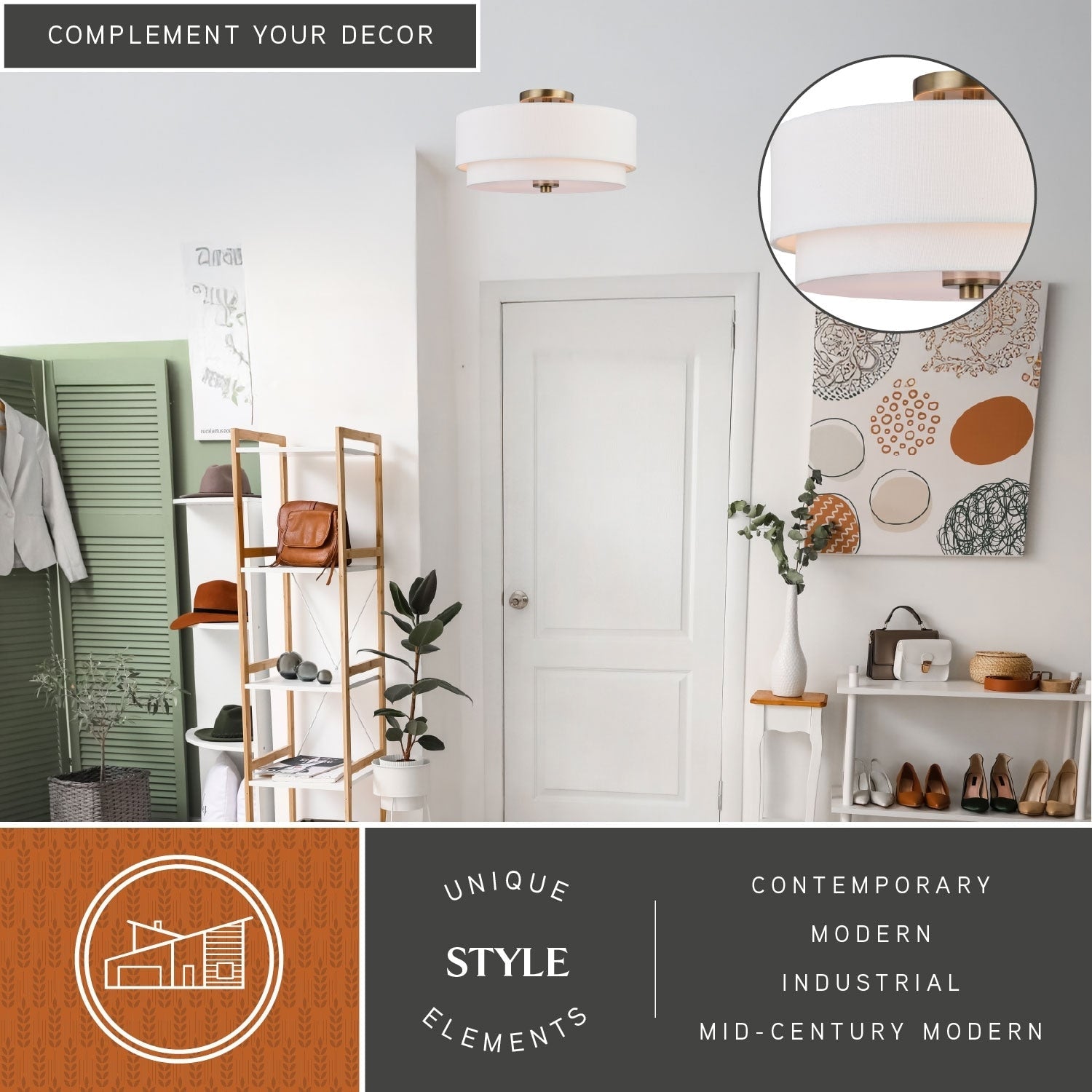 Burnaby Mid-Century Modern Deckenleuchte mit weißem Leinenschirm