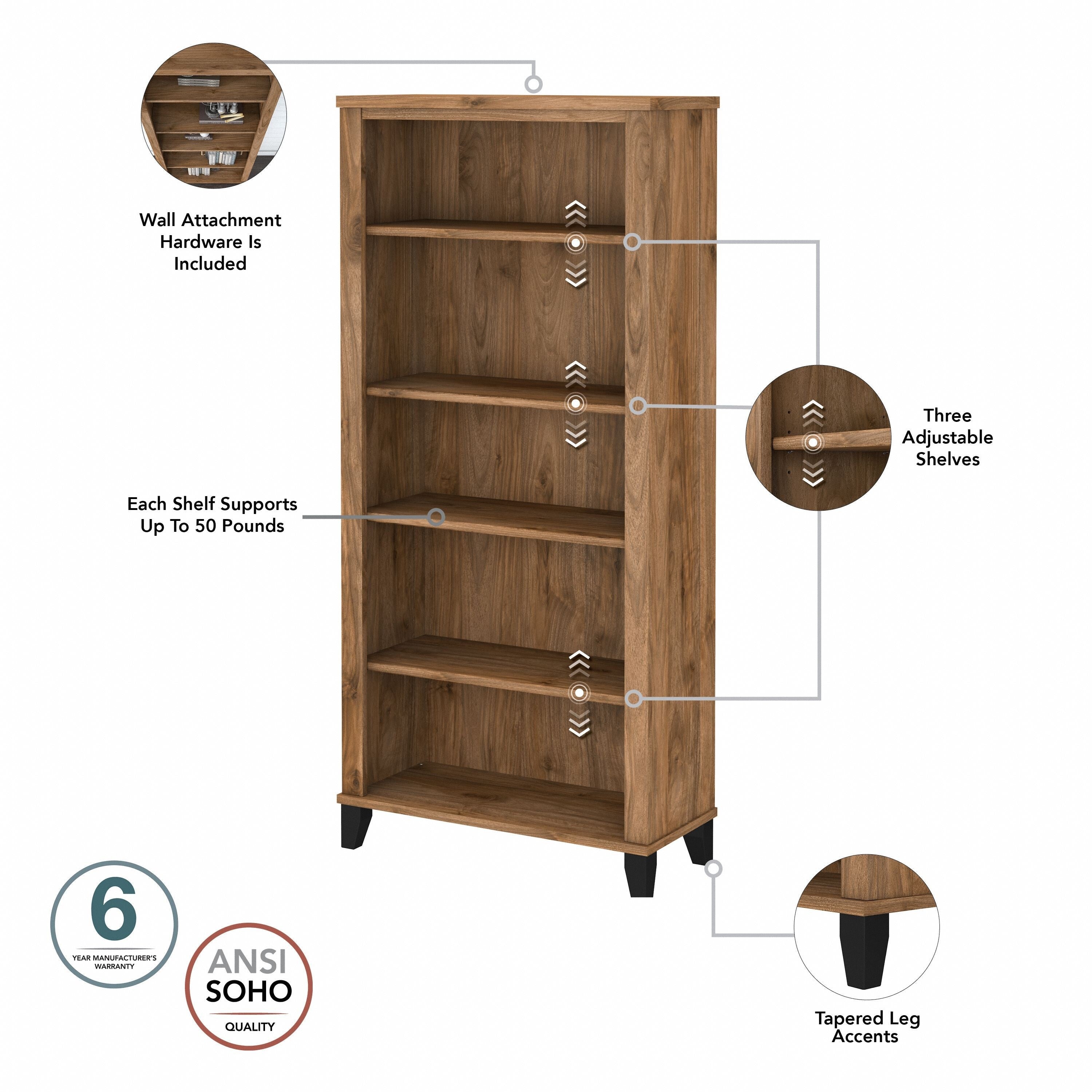 Bush Furniture Somerset Hohes Bücherregal mit 5 verstellbaren Regalböden