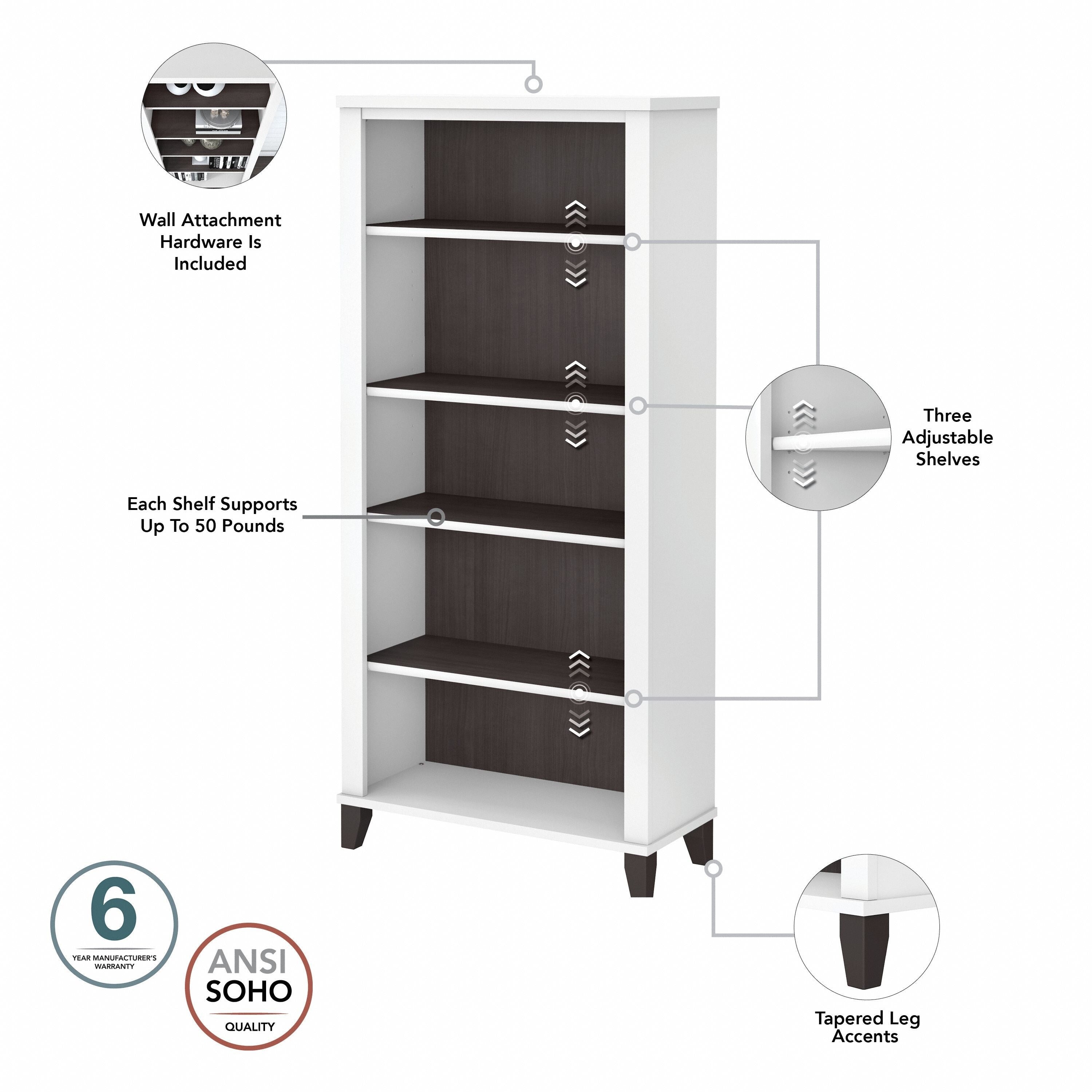 Bush Furniture Somerset Hohes Bücherregal mit 5 verstellbaren Regalböden