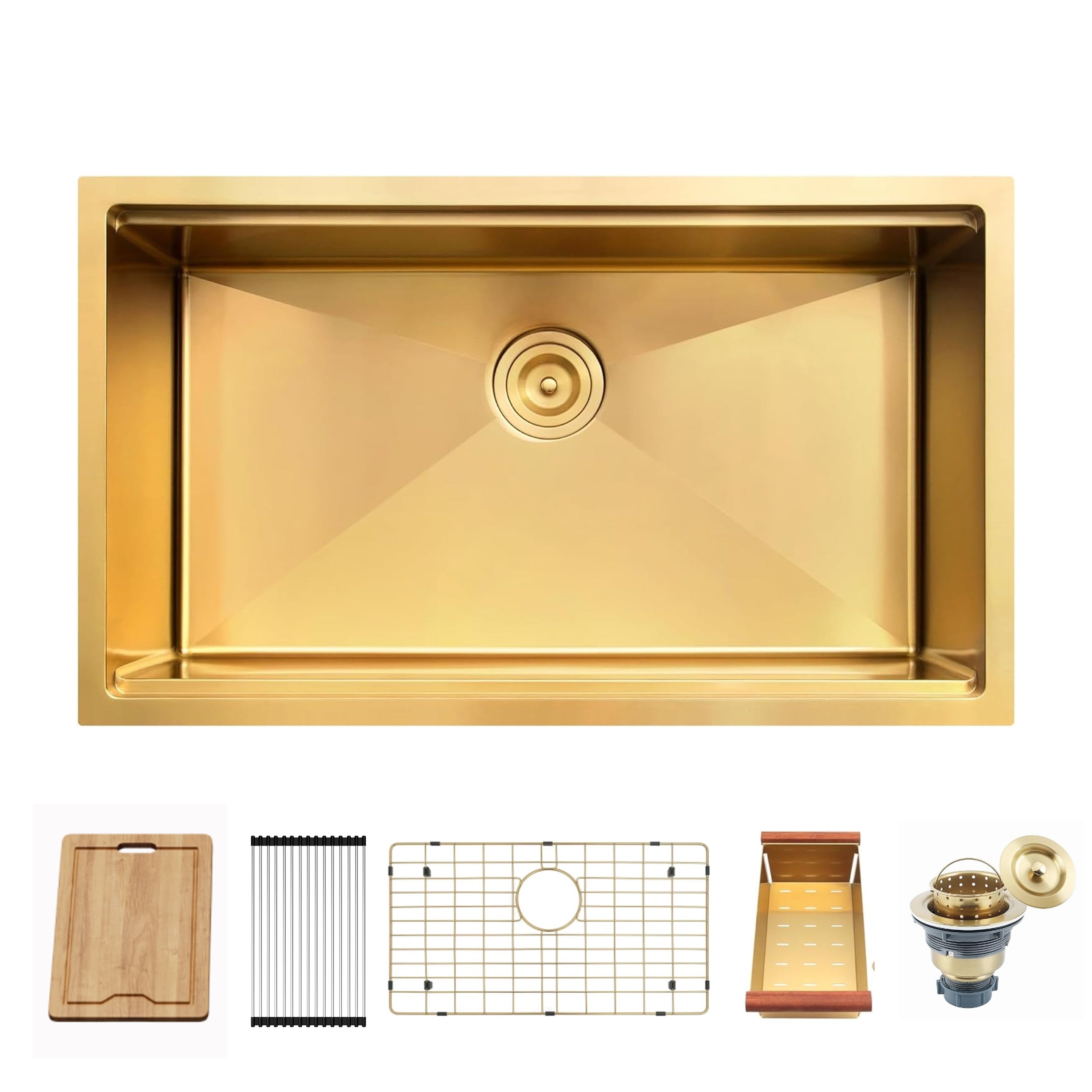 CB HOME 32'' Unterbau-Küchenspüle Gold, Einbau-Küchenspüle Schwarz/Edelstahl, Einzelbecken-Küchenspüle mit Zubehör