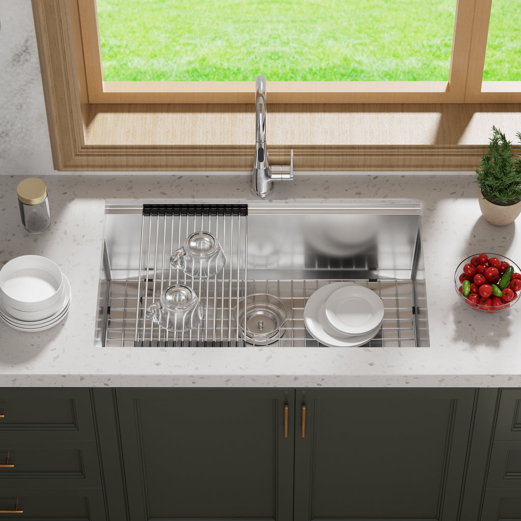 CB HOME 32'' Unterbau-Küchenspüle Gold, Einbau-Küchenspüle Schwarz/Edelstahl, Einzelbecken-Küchenspüle mit Zubehör