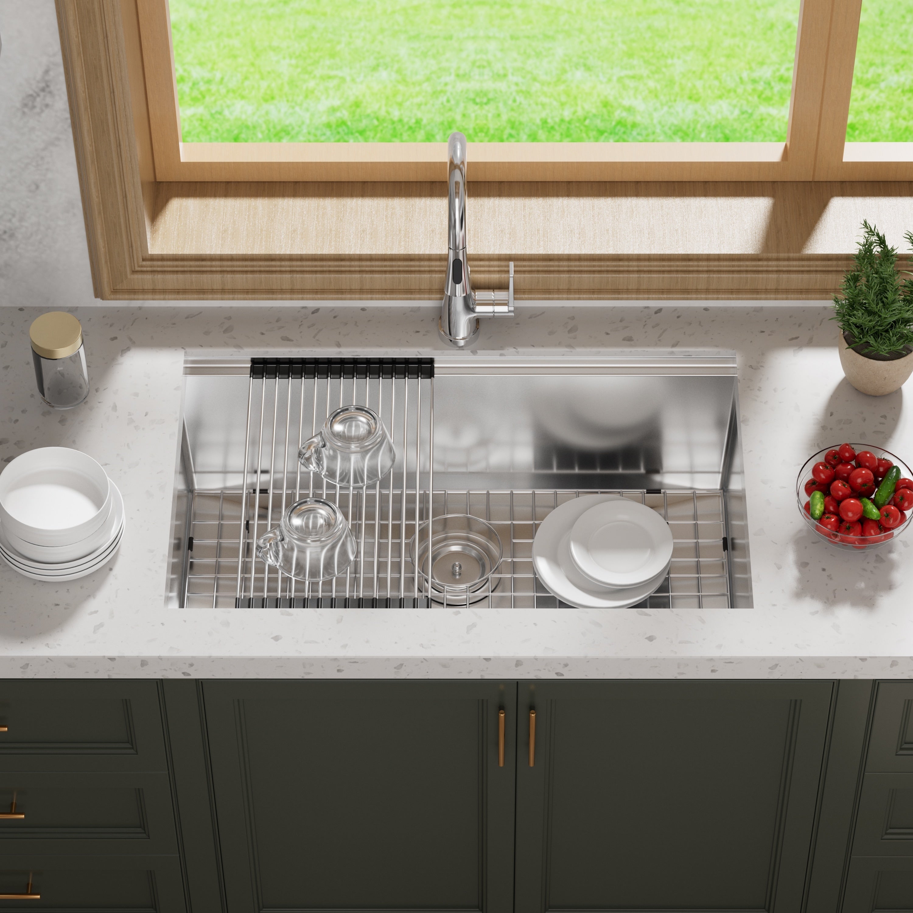 CB HOME 32'' Unterbau-Küchenspüle Gold, Einbau-Küchenspüle Schwarz/Edelstahl, Einzelbecken-Küchenspüle mit Zubehör