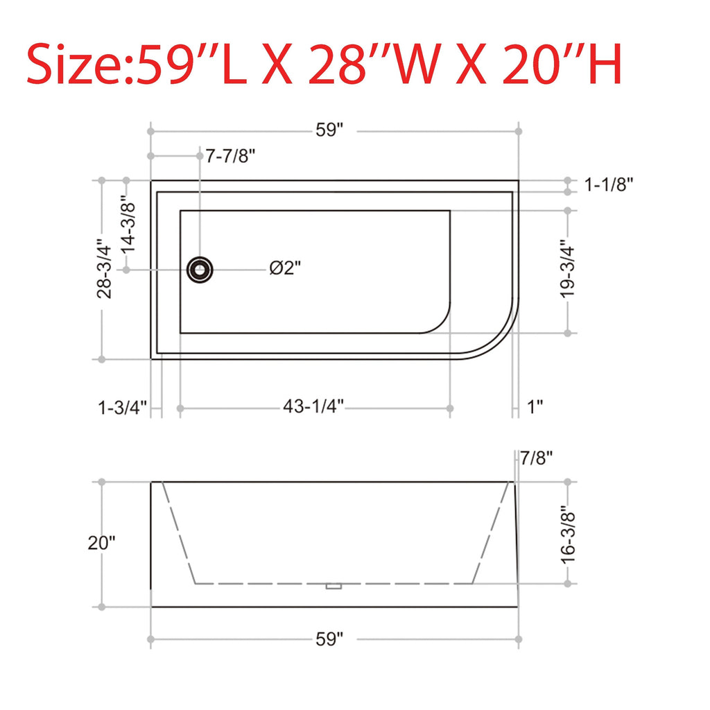 CB HOME 59''/67'' freistehende Acryl-Badewannen, einseitig wandmontiert, Überlauf links/rechts