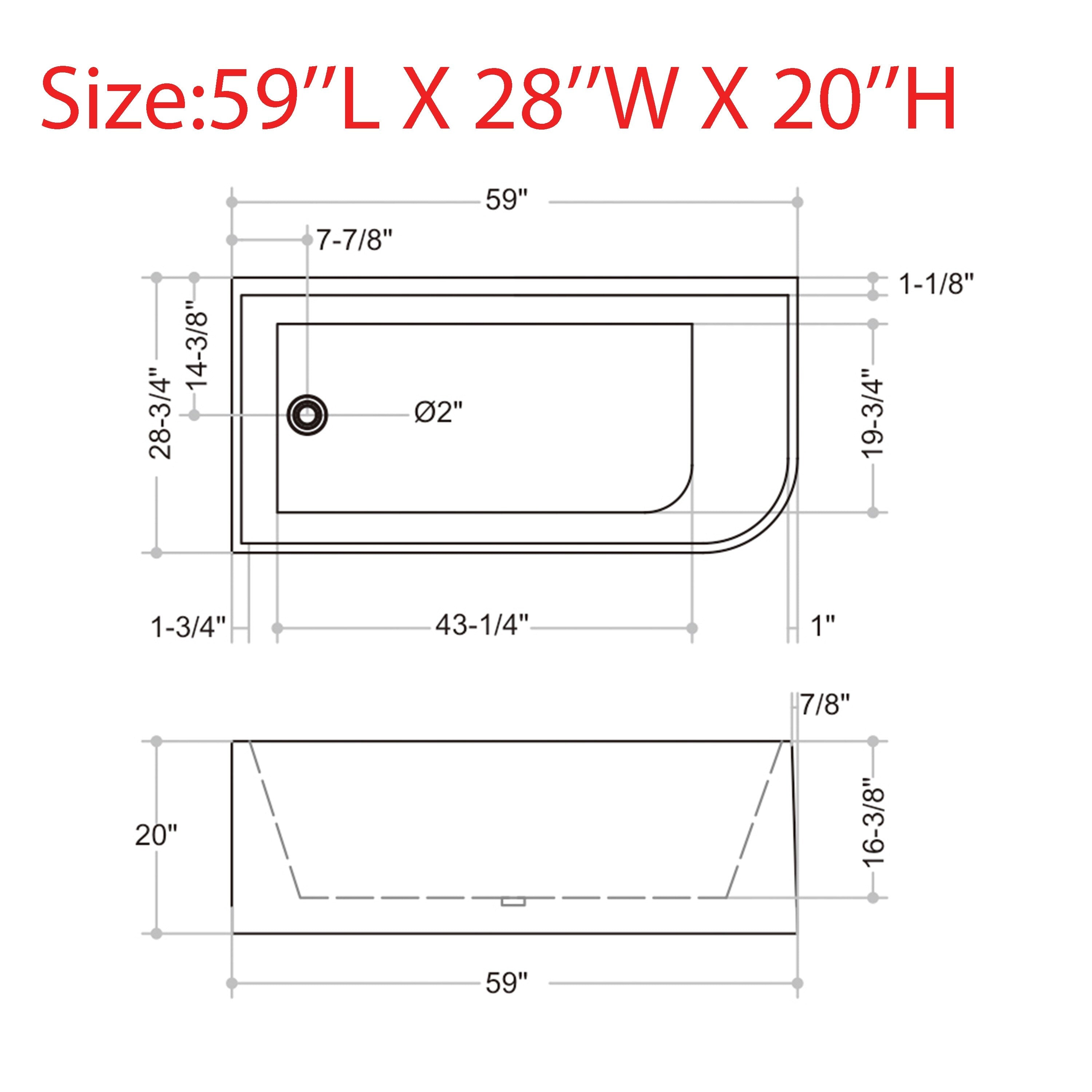 CB HOME 59''/67'' freistehende Acryl-Badewannen, einseitig wandmontiert, Überlauf links/rechts