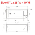 CB HOME 59''/67'' freistehende Acryl-Badewannen, einseitig wandmontiert, Überlauf links/rechts