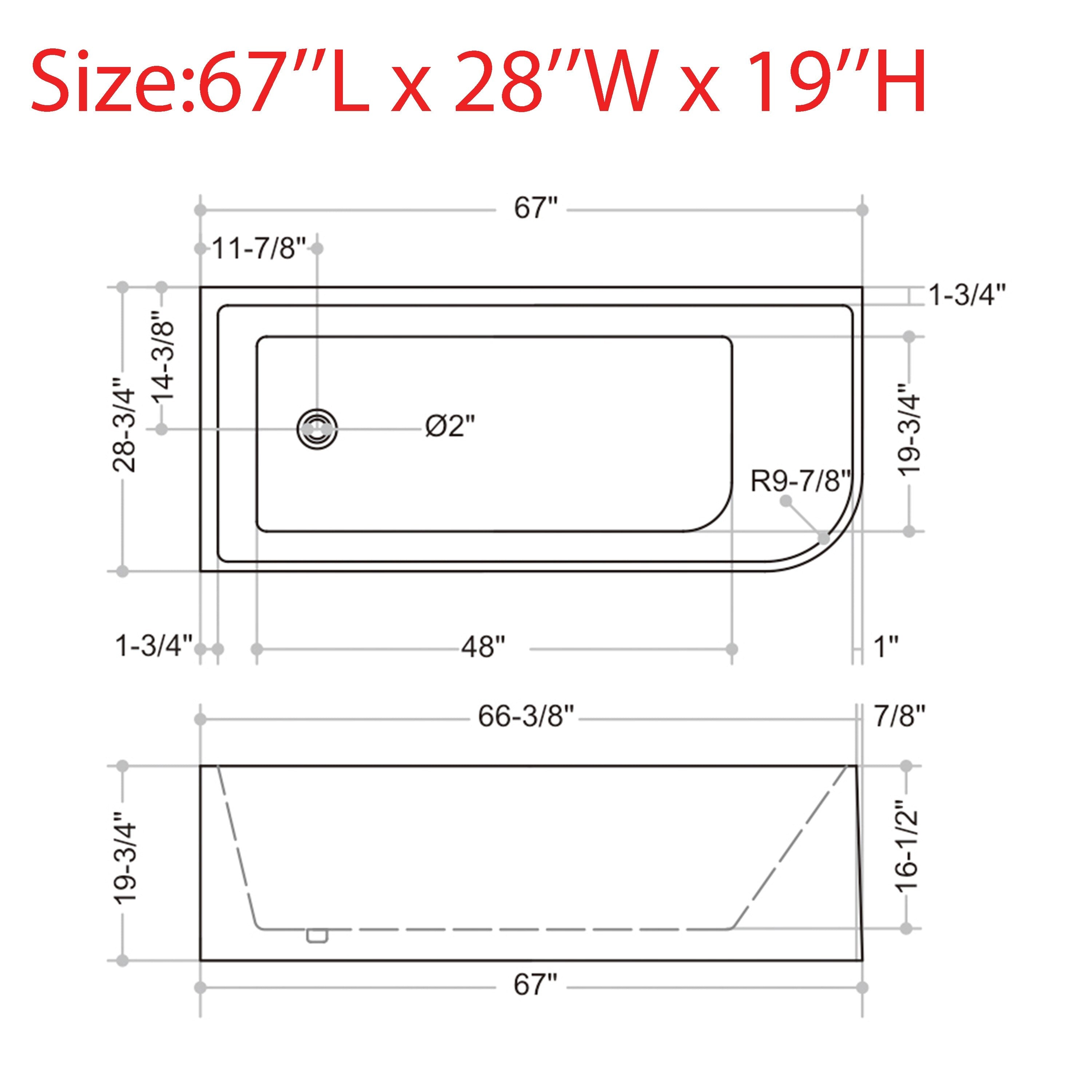 CB HOME 59''/67'' freistehende Acryl-Badewannen, einseitig wandmontiert, Überlauf links/rechts