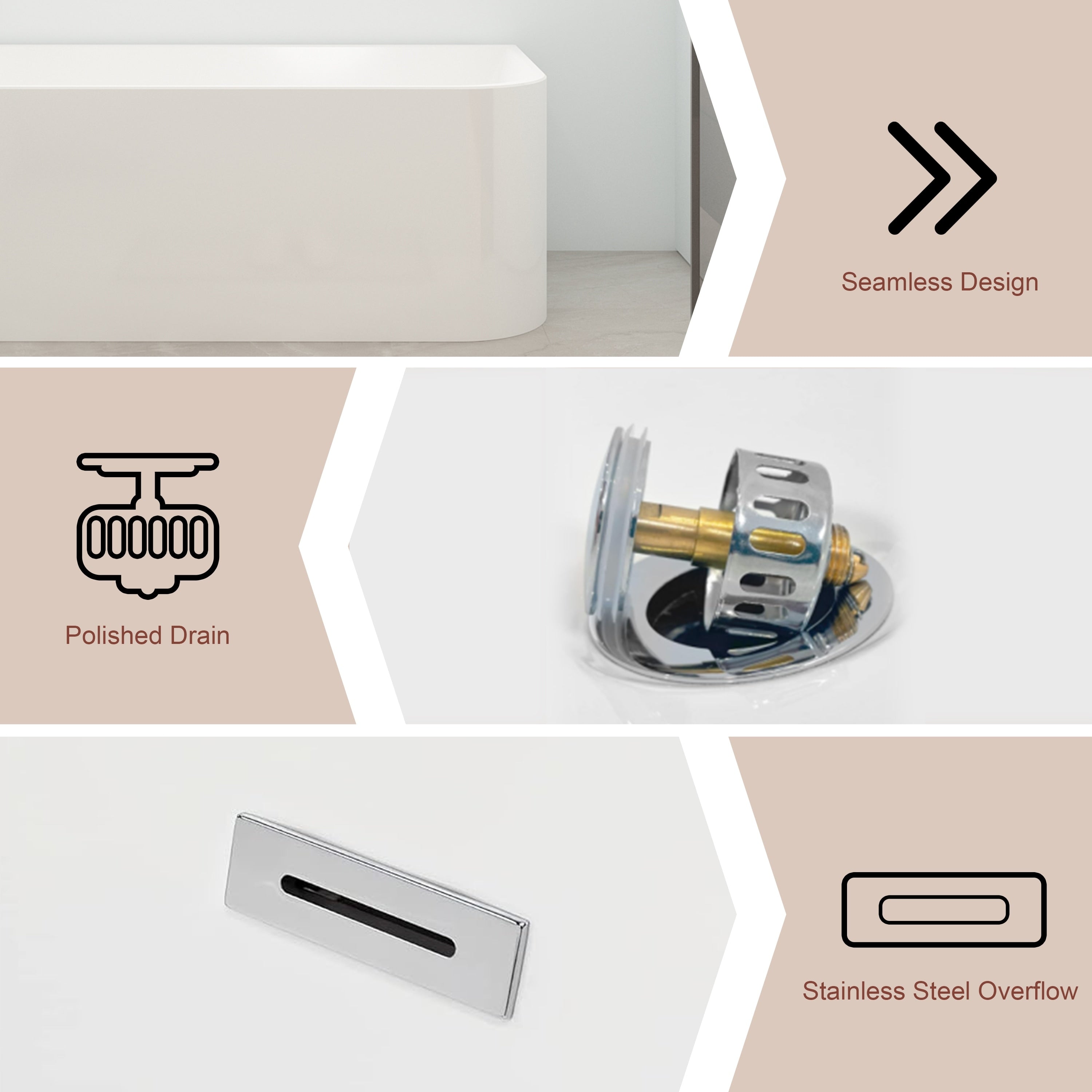 CB HOME 59''/67'' freistehende Acryl-Badewannen, einseitig wandmontiert, Überlauf links/rechts