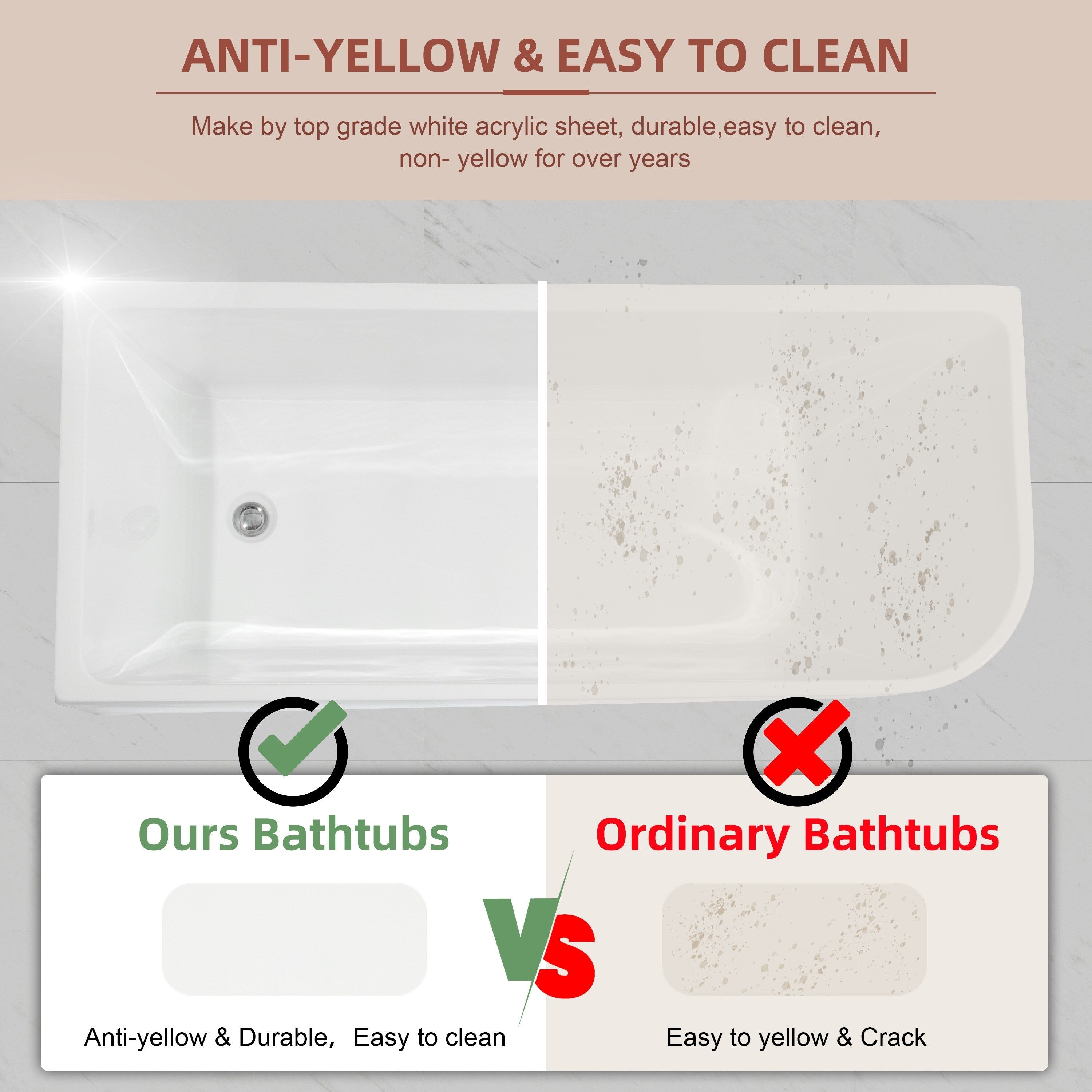 CB HOME 59''/67'' freistehende Acryl-Badewannen, einseitig wandmontiert, Überlauf links/rechts