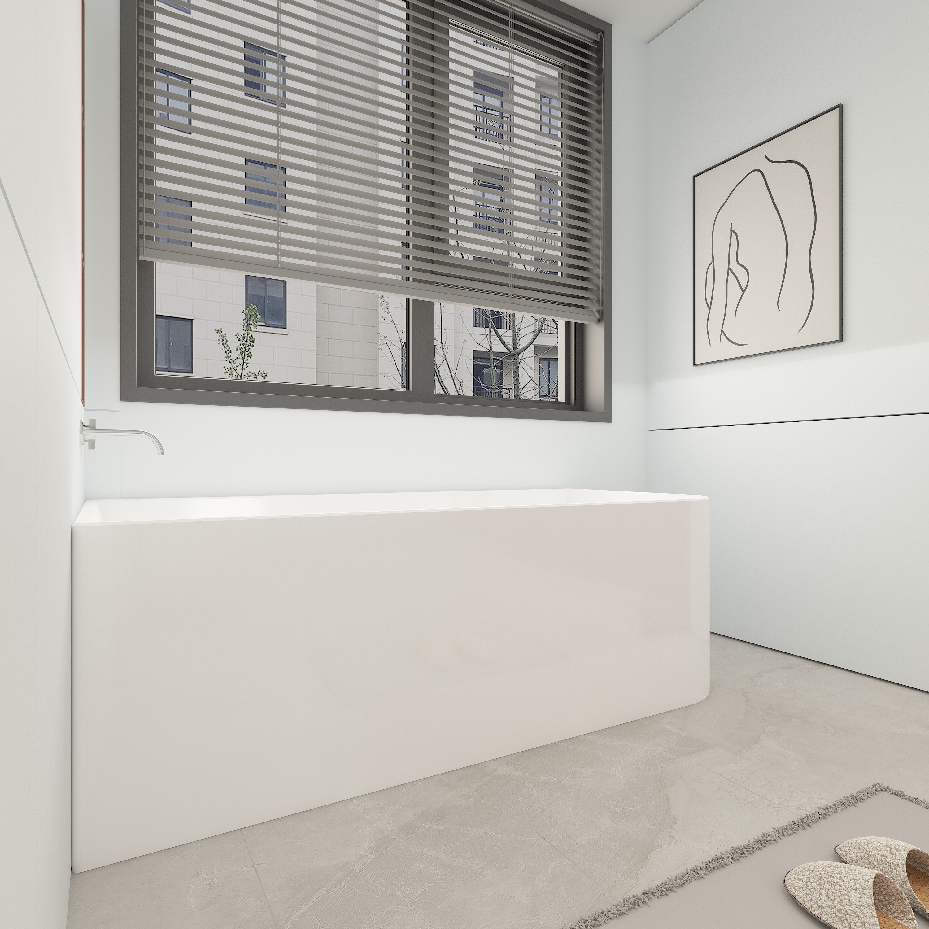 CB HOME 59''/67'' freistehende Acryl-Badewannen, einseitig wandmontiert, Überlauf links/rechts